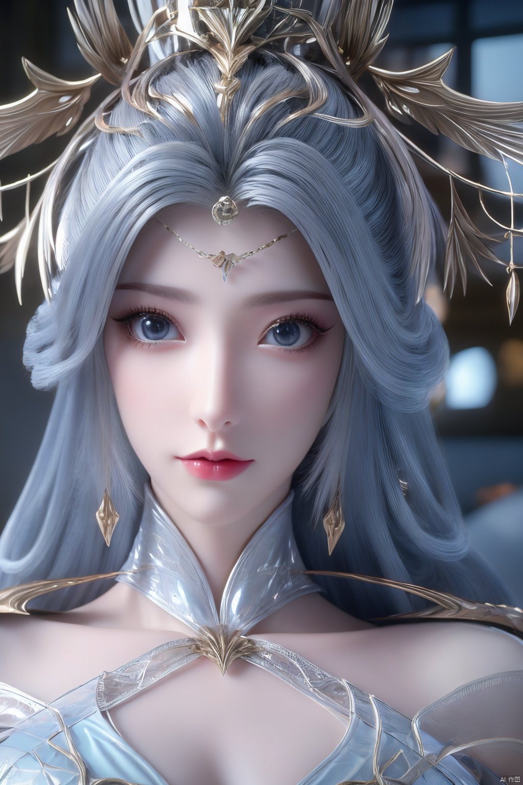 (Masterpiece:1.2), best quality,1girl,blue eyes,long white hair,silver crown,armor,headwear,gufeng,half body photo,petal,real,photo realistic,highly detailed,(masterpiece),(high quality),best quality,super detailed,full detail,4k,8k,Xningyudie,(big breasts:1.5),X-Hydrangea