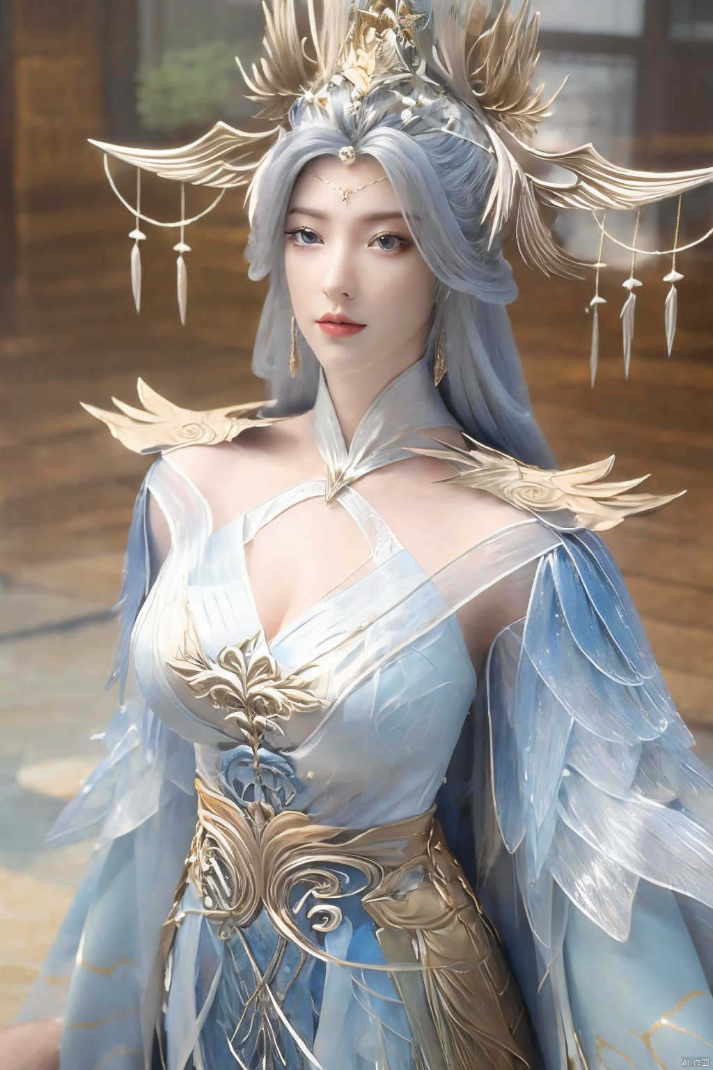 (Masterpiece:1.2), best quality,1girl,blue eyes,long white hair,silver crown,armor,headwear,gufeng,half body photo,petal,real,photo realistic,highly detailed,(masterpiece),(high quality),best quality,super detailed,full detail,4k,8k,Xningyudie,(big breasts:1.5),X-Hydrangea,Hydrangea