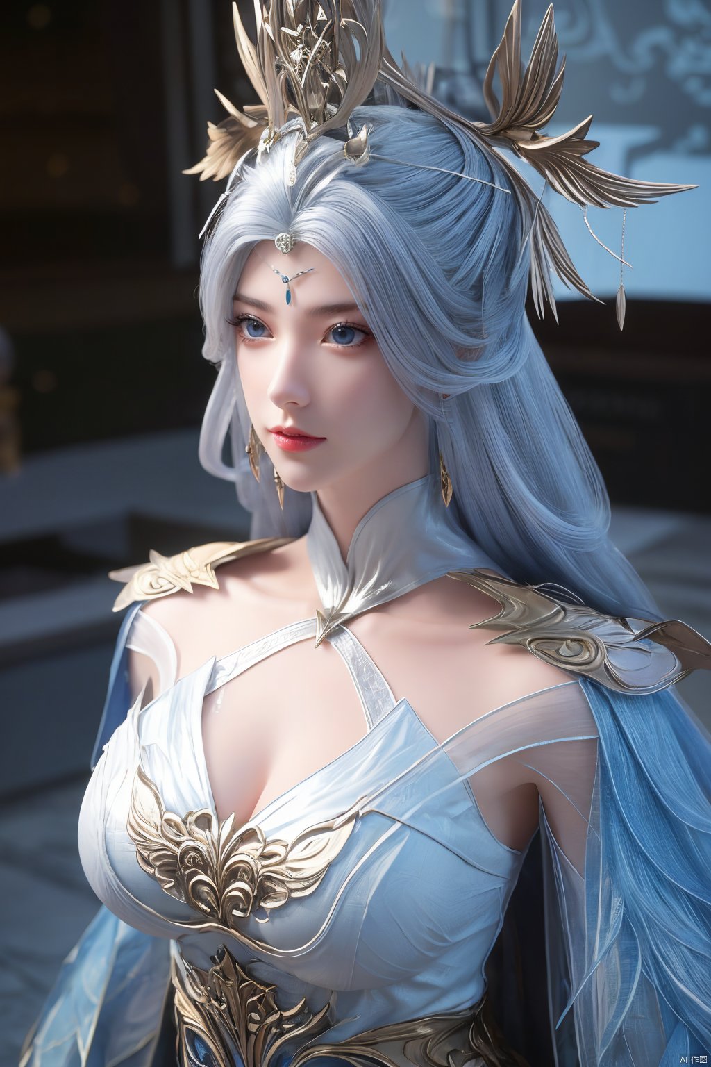 (Masterpiece:1.2), best quality,1girl,blue eyes,long white hair,silver crown,armor,headwear,gufeng,half body photo,petal,real,photo realistic,highly detailed,(masterpiece),(high quality),best quality,super detailed,full detail,4k,8k,Xningyudie,(big breasts:1.5),X-Hydrangea,Hydrangea