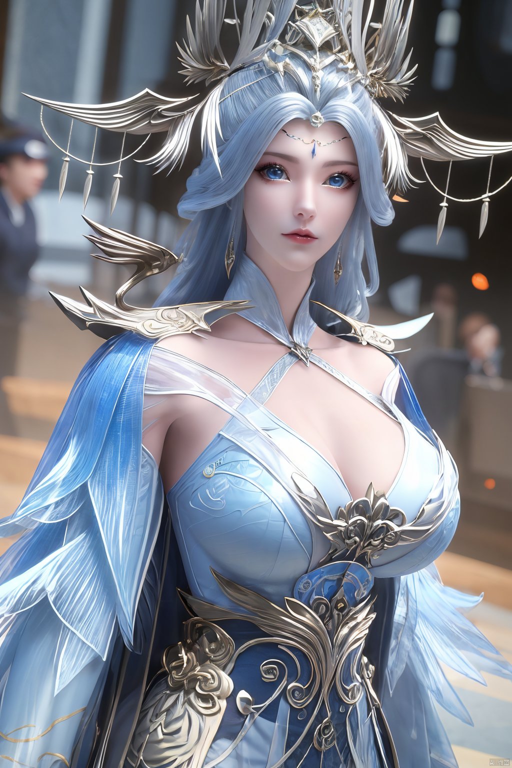 (Masterpiece:1.2), best quality,1girl,blue eyes,long white hair,silver crown,armor,headwear,gufeng,half body photo,petal,real,photo realistic,highly detailed,(masterpiece),(high quality),best quality,super detailed,full detail,4k,8k,Xningyudie,(big breasts:1.5),