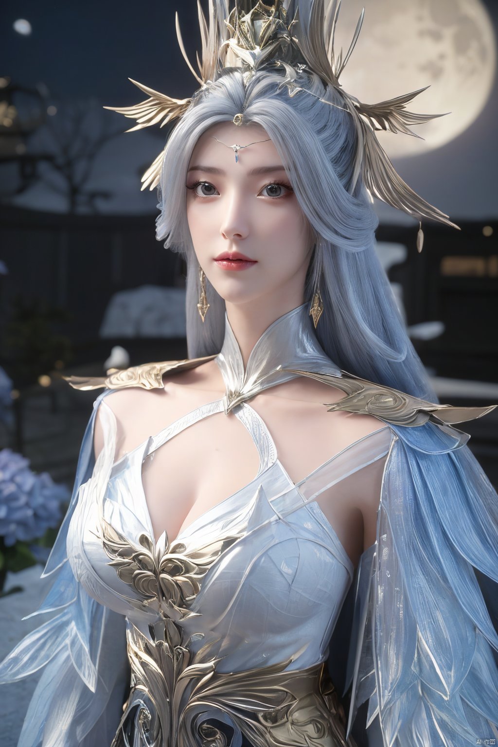 (Masterpiece:1.2), best quality,1girl,blue eyes,long white hair,silver crown,armor,headwear,gufeng,half body photo,petal,real,photo realistic,highly detailed,(masterpiece),(high quality),best quality,super detailed,full detail,4k,8k,Xningyudie,(big breasts:1.5),X-Hydrangea,(full moon,Hydrangea:1.29)