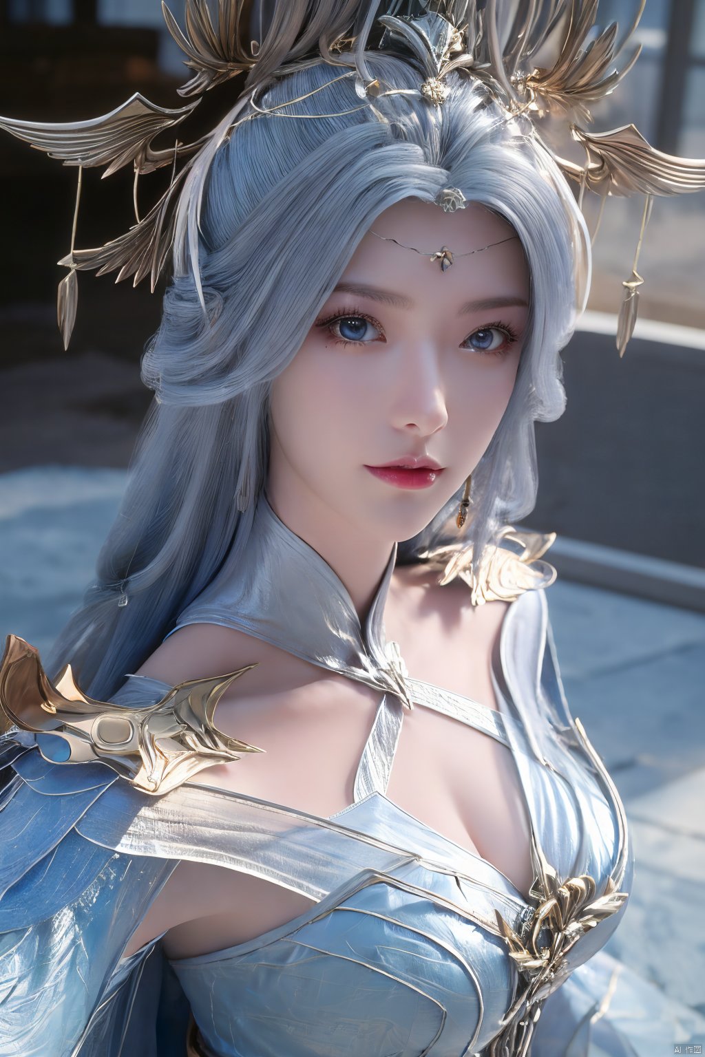 (Masterpiece:1.2), best quality,1girl,blue eyes,long white hair,silver crown,armor,headwear,gufeng,half body photo,petal,real,photo realistic,highly detailed,(masterpiece),(high quality),best quality,super detailed,full detail,4k,8k,Xningyudie,(big breasts:1.5),X-Hydrangea