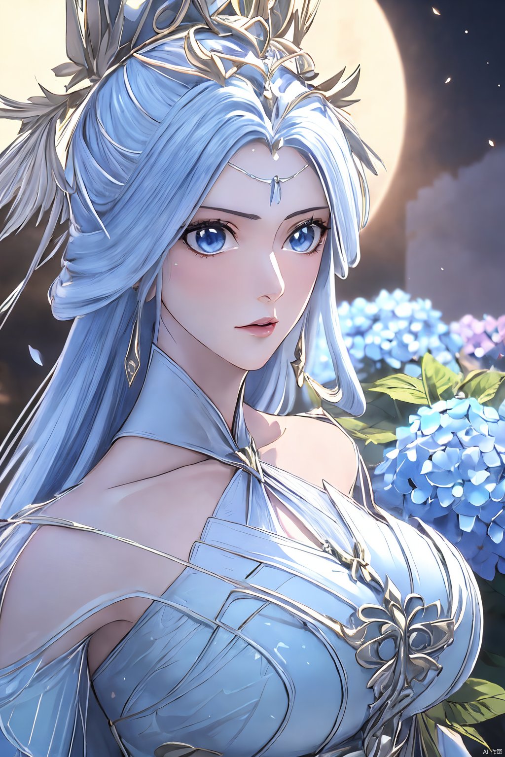 (Masterpiece:1.2), best quality,1girl,blue eyes,long white hair,silver crown,armor,headwear,gufeng,half body photo,petal,real,photo realistic,highly detailed,(masterpiece),(high quality),best quality,super detailed,full detail,4k,8k,Xningyudie,(big breasts:1.5),X-Hydrangea,(full moon,Hydrangea:1.29)