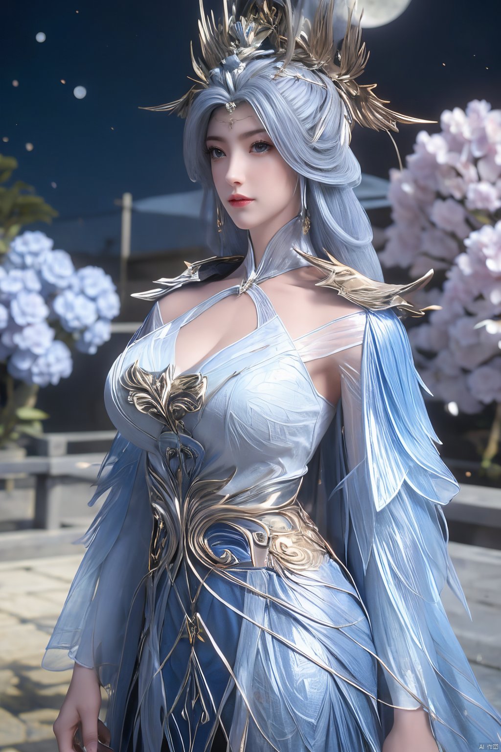 (Masterpiece:1.2), best quality,1girl,blue eyes,long white hair,silver crown,armor,headwear,gufeng,half body photo,petal,real,photo realistic,highly detailed,(masterpiece),(high quality),best quality,super detailed,full detail,4k,8k,Xningyudie,(big breasts:1.5),X-Hydrangea,(full moon,Hydrangea:1.29)