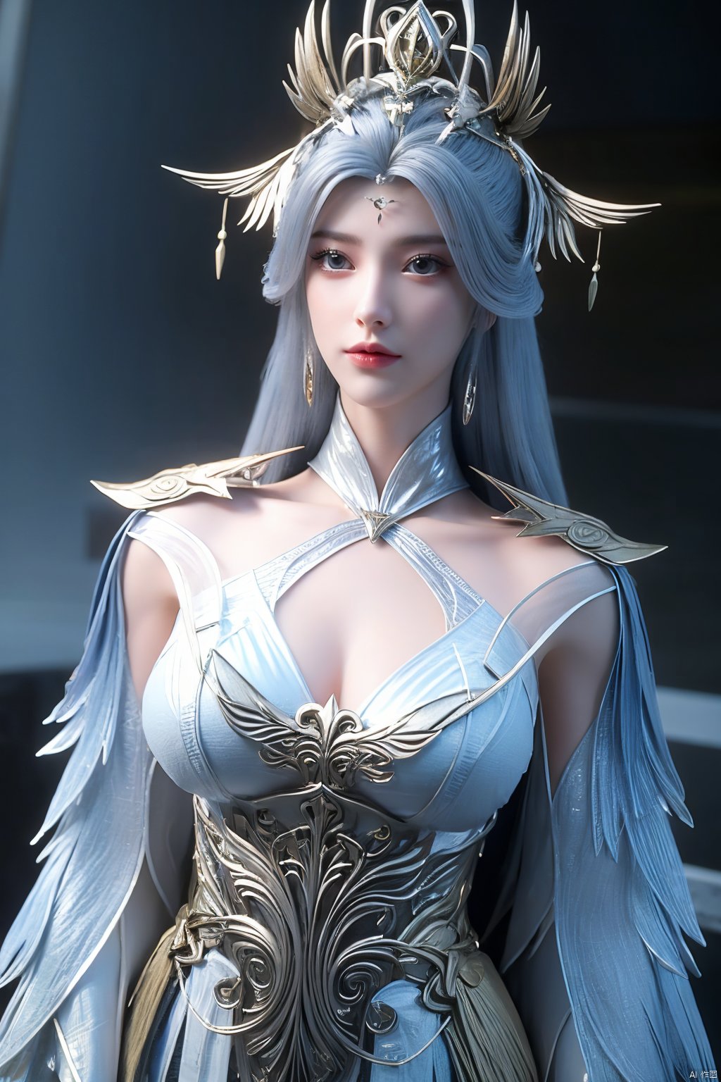 (Masterpiece:1.2), best quality,1girl,blue eyes,long white hair,silver crown,armor,headwear,gufeng,half body photo,petal,real,photo realistic,highly detailed,(masterpiece),(high quality),best quality,super detailed,full detail,4k,8k,Xningyudie,(big breasts:1.5),X-Hydrangea,Hydrangea