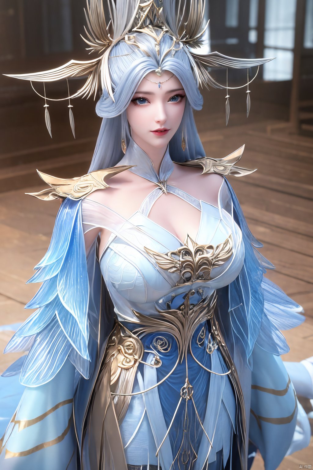 (Masterpiece:1.2), best quality,1girl,blue eyes,long white hair,silver crown,armor,headwear,gufeng,half body photo,petal,real,photo realistic,highly detailed,(masterpiece),(high quality),best quality,super detailed,full detail,4k,8k,Xningyudie,(big breasts:1.5),X-Hydrangea