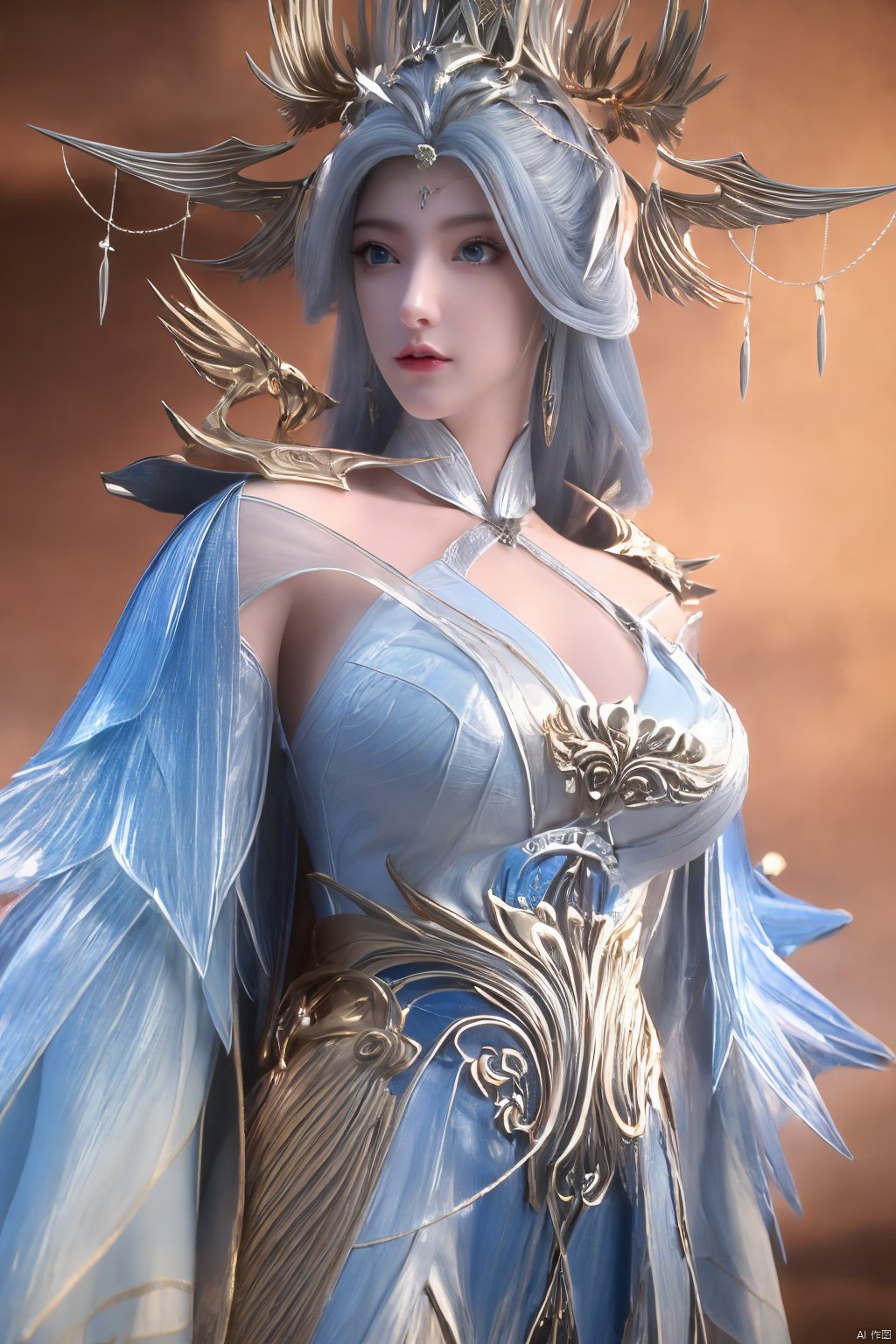 (Masterpiece:1.2), best quality,1girl,blue eyes,long white hair,silver crown,armor,headwear,gufeng,half body photo,petal,real,photo realistic,highly detailed,(masterpiece),(high quality),best quality,super detailed,full detail,4k,8k,Xningyudie,(big breasts:1.5),