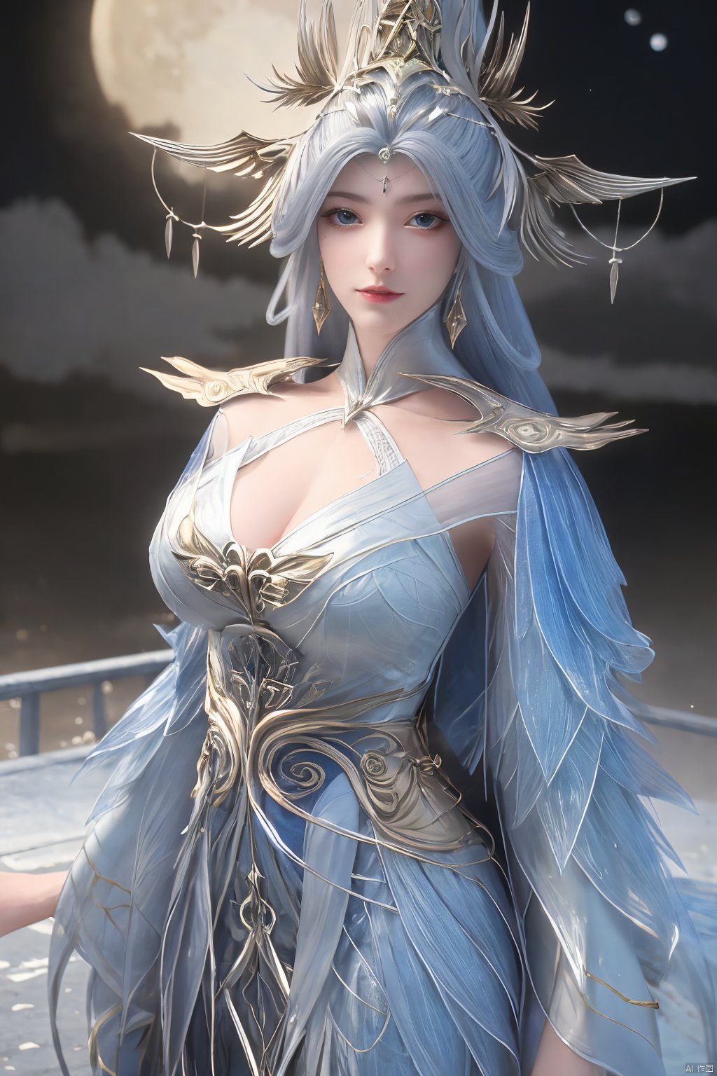 (Masterpiece:1.2), best quality,1girl,blue eyes,long white hair,silver crown,armor,headwear,gufeng,half body photo,petal,real,photo realistic,highly detailed,(masterpiece),(high quality),best quality,super detailed,full detail,4k,8k,Xningyudie,(big breasts:1.5),X-Hydrangea,(full moon,Hydrangea:1.29)