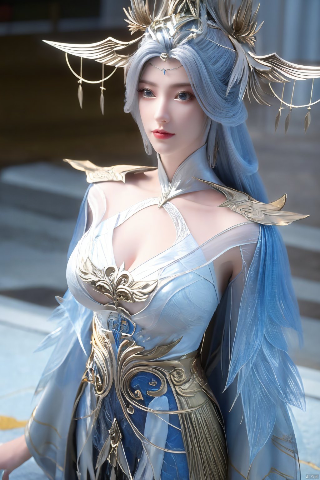 (Masterpiece:1.2), best quality,1girl,blue eyes,long white hair,silver crown,armor,headwear,gufeng,half body photo,petal,real,photo realistic,highly detailed,(masterpiece),(high quality),best quality,super detailed,full detail,4k,8k,Xningyudie,(big breasts:1.5),X-Hydrangea,Hydrangea