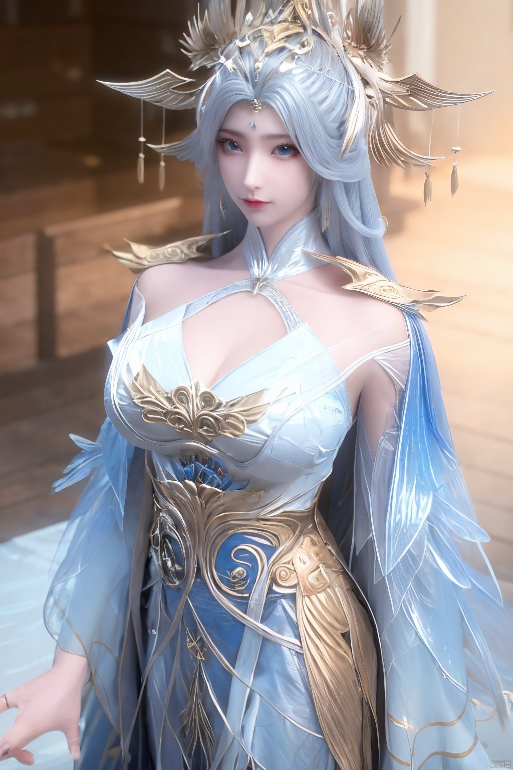 (Masterpiece:1.2), best quality,1girl,blue eyes,long white hair,silver crown,armor,headwear,gufeng,half body photo,petal,real,photo realistic,highly detailed,(masterpiece),(high quality),best quality,super detailed,full detail,4k,8k,Xningyudie,(big breasts:1.5),X-Hydrangea,Hydrangea