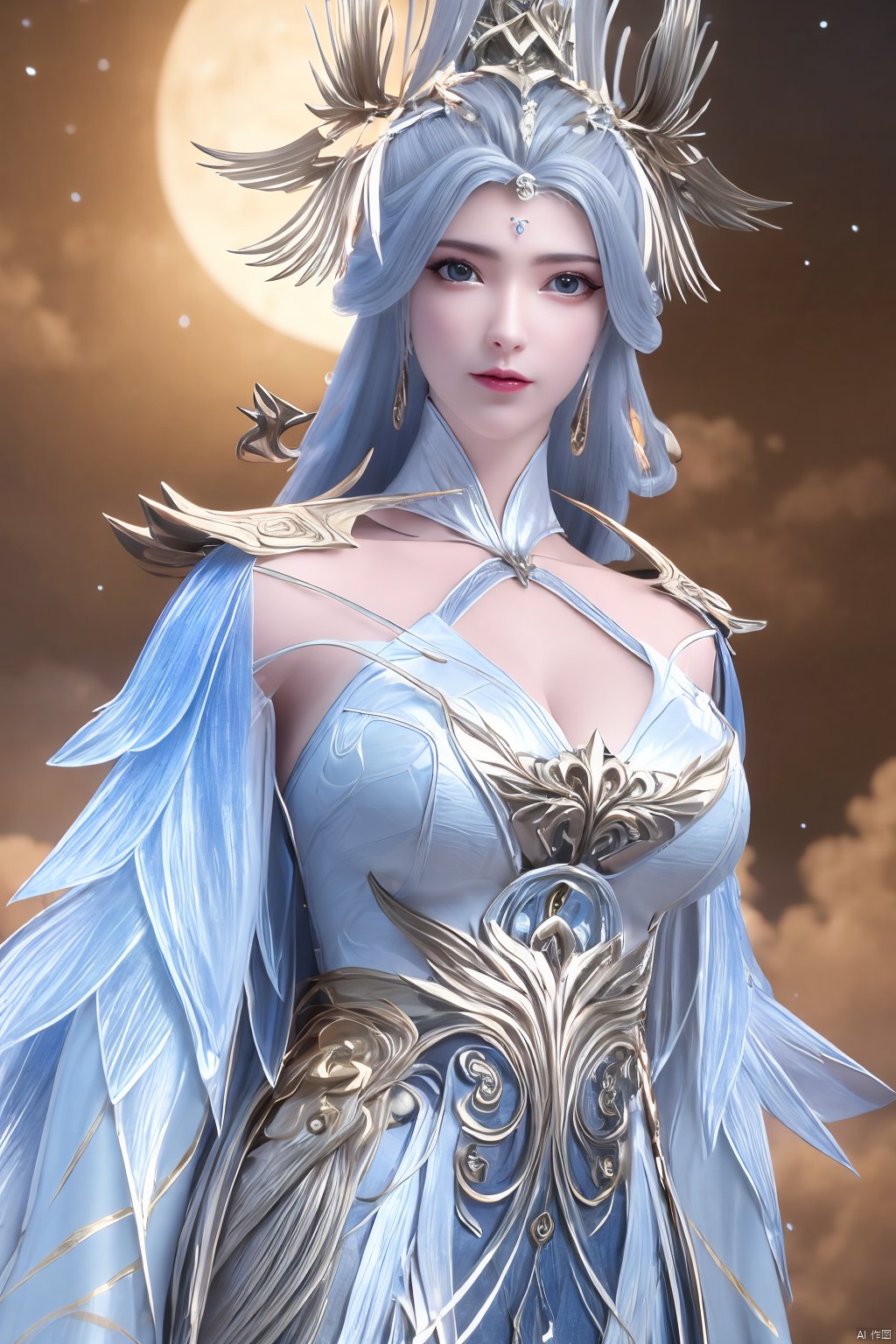 (Masterpiece:1.2), best quality,1girl,blue eyes,long white hair,silver crown,armor,headwear,gufeng,half body photo,petal,real,photo realistic,highly detailed,(masterpiece),(high quality),best quality,super detailed,full detail,4k,8k,Xningyudie,(big breasts:1.5),X-Hydrangea,(full moon,Hydrangea:1.29)