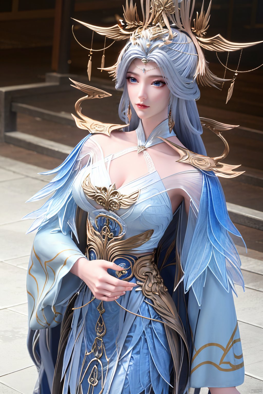 masterpiece,(best quality),official art,extremely detailed cg 8k wallpaper,(extremely delicate and beautiful),solo,realistic,photo_\(medium\),chinese clothes,blue dress,1girl,solo,blue eyes,earrings,mole,white hair,armor,crown,mole under eye,,Xningyudie,(big_breasts:1.29), Yunxiao_Fairy,X-Hydrangea, hanfu,