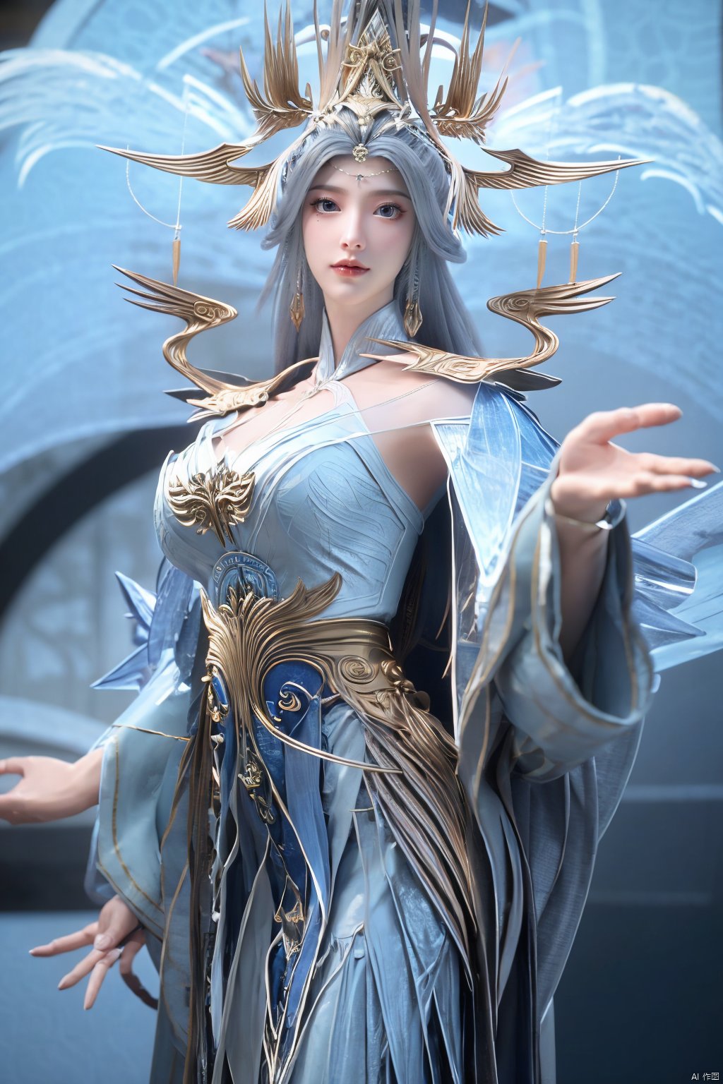 masterpiece,(best quality),official art,extremely detailed cg 8k wallpaper,(extremely delicate and beautiful),solo,realistic,photo_\(medium\),chinese clothes,blue dress,1girl,solo,blue eyes,earrings,mole,white hair,armor,crown,mole under eye,,Xningyudie,(big_breasts:1.39), Yunxiao_Fairy,X-Hydrangea, hanfu,