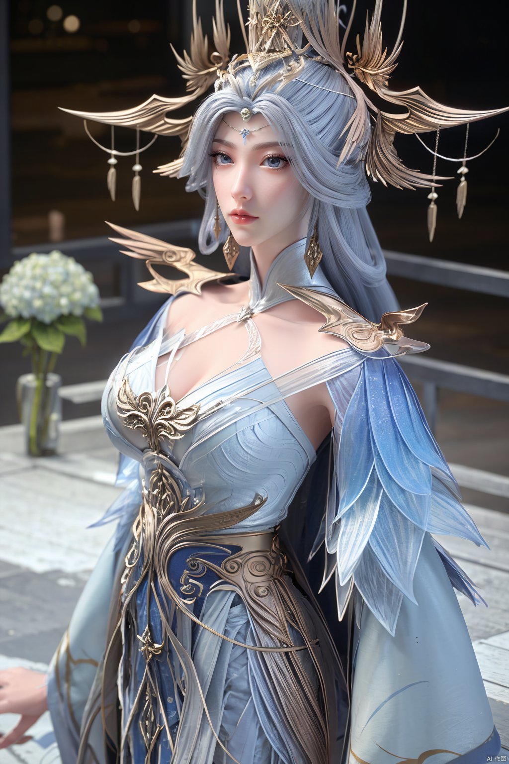 masterpiece,(best quality),official art,extremely detailed cg 8k wallpaper,(extremely delicate and beautiful),solo,realistic,photo_\(medium\),chinese clothes,blue dress,1girl,solo,blue eyes,earrings,mole,white hair,armor,crown,mole under eye,,Xningyudie,(big_breasts:1.39), Yunxiao_Fairy,X-Hydrangea, hanfu,(full moon,Hydrangea:1.39)