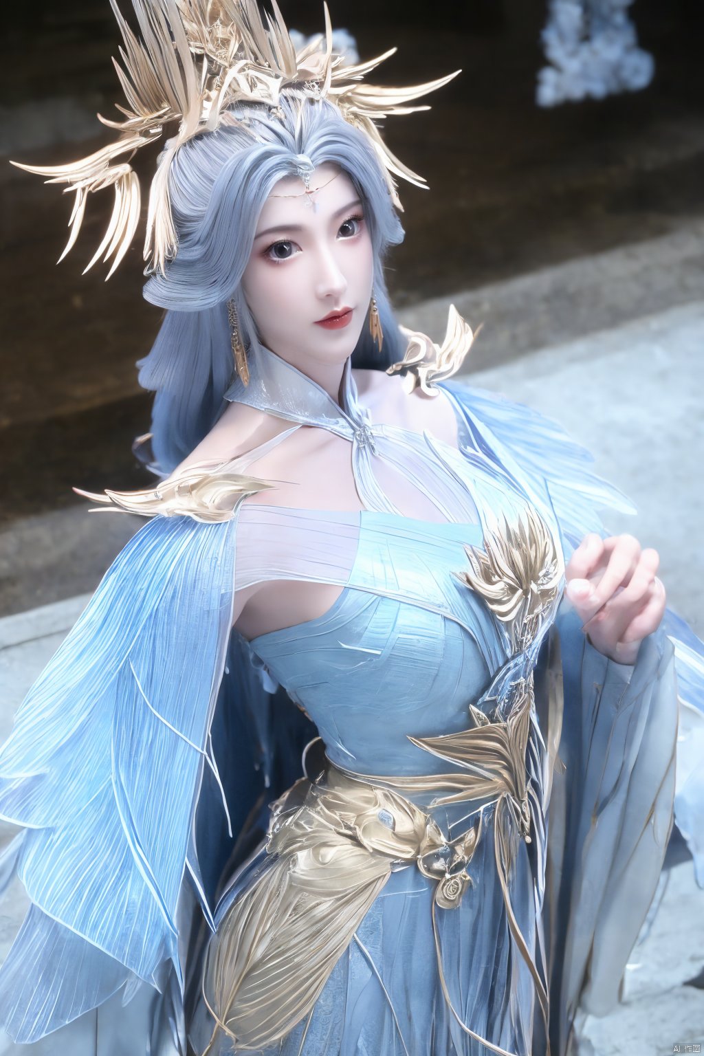 masterpiece,(best quality),official art,extremely detailed cg 8k wallpaper,(extremely delicate and beautiful),solo,realistic,photo_\(medium\),chinese clothes,blue dress,1girl,solo,blue eyes,earrings,mole,white hair,armor,crown,mole under eye,,Xningyudie,(big_breasts:1.39), Yunxiao_Fairy,X-Hydrangea, hanfu,(full moon,Hydrangea:1.39)