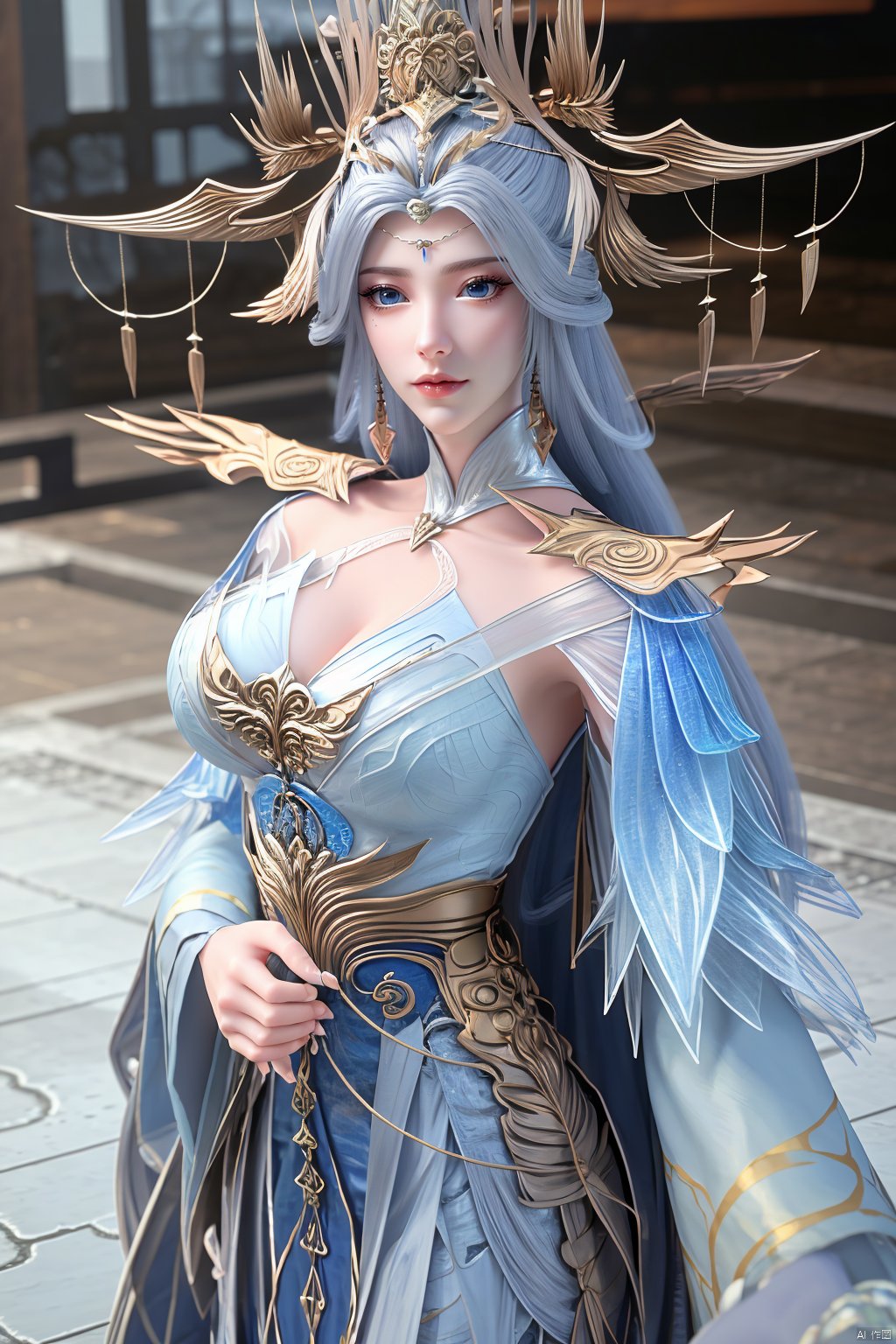 masterpiece,(best quality),official art,extremely detailed cg 8k wallpaper,(extremely delicate and beautiful),solo,realistic,photo_\(medium\),chinese clothes,blue dress,1girl,solo,blue eyes,earrings,mole,white hair,armor,crown,mole under eye,,Xningyudie,(big_breasts:1.39), Yunxiao_Fairy,X-Hydrangea, hanfu,