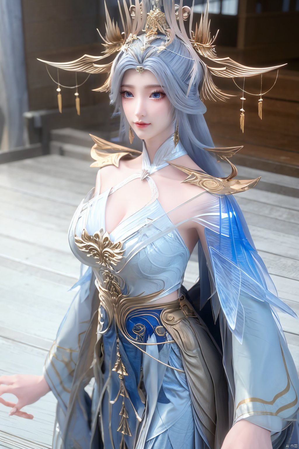 masterpiece,(best quality),official art,extremely detailed cg 8k wallpaper,(extremely delicate and beautiful),solo,realistic,photo_\(medium\),chinese clothes,blue dress,1girl,solo,blue eyes,earrings,mole,white hair,armor,crown,mole under eye,,Xningyudie,(big_breasts:1.39), Yunxiao_Fairy,X-Hydrangea, hanfu,