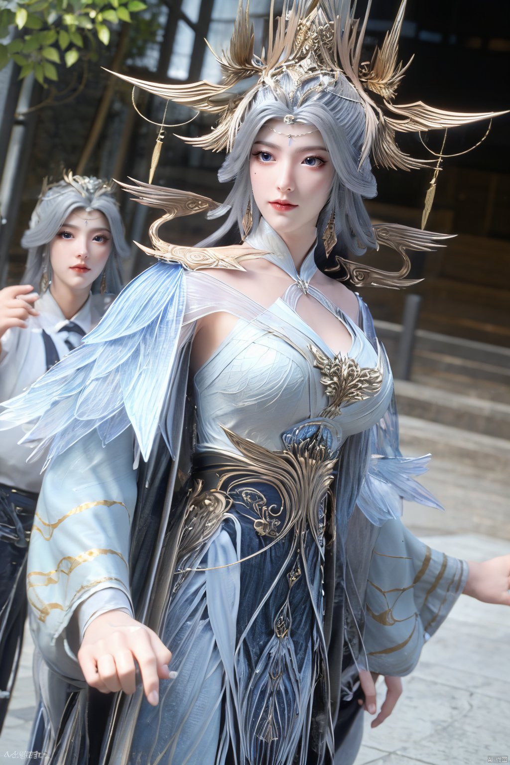 masterpiece,(best quality),official art,extremely detailed cg 8k wallpaper,(extremely delicate and beautiful),solo,realistic,photo_\(medium\),chinese clothes,blue dress,1girl,solo,blue eyes,earrings,mole,white hair,armor,crown,mole under eye,,Xningyudie,(big_breasts:1.39), Yunxiao_Fairy,X-Hydrangea, hanfu,(full moon,Hydrangea:1.39)