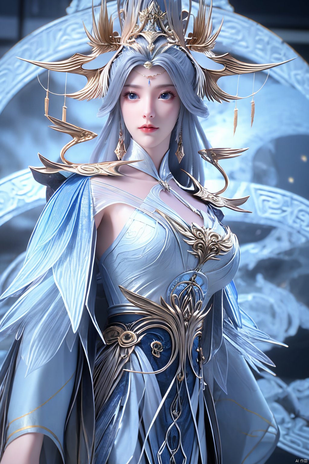 masterpiece,(best quality),official art,extremely detailed cg 8k wallpaper,(extremely delicate and beautiful),solo,realistic,photo_\(medium\),chinese clothes,blue dress,1girl,solo,blue eyes,earrings,mole,white hair,armor,crown,mole under eye,,Xningyudie,(big_breasts:1.39), Yunxiao_Fairy,X-Hydrangea, hanfu,