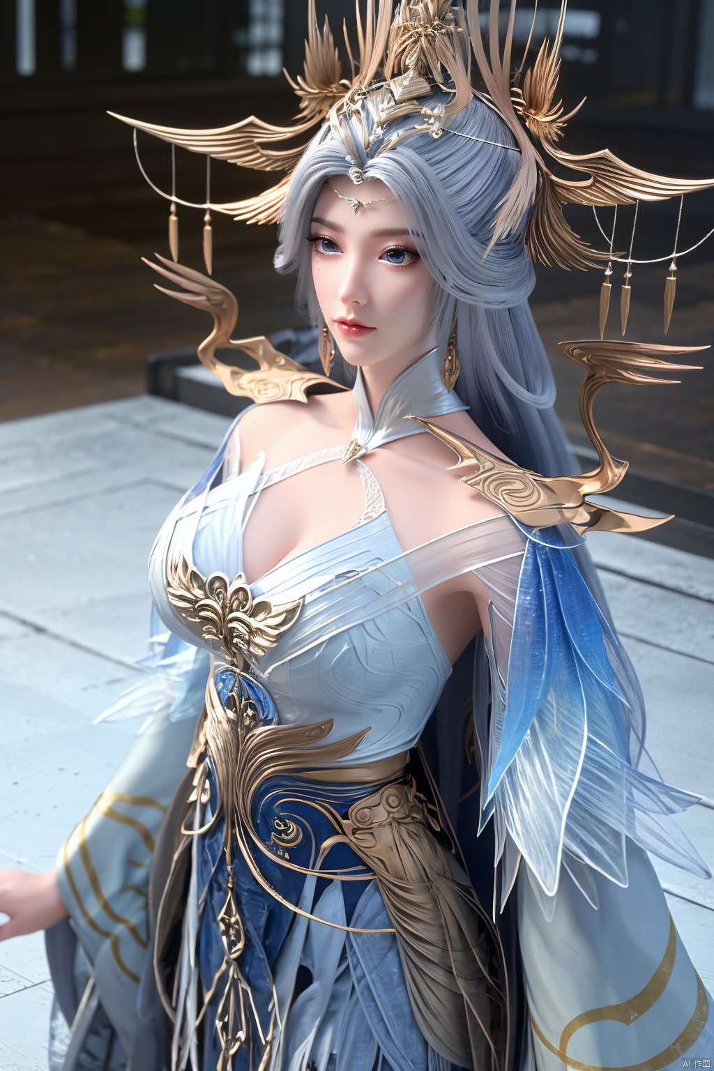 masterpiece,(best quality),official art,extremely detailed cg 8k wallpaper,(extremely delicate and beautiful),solo,realistic,photo_\(medium\),chinese clothes,blue dress,1girl,solo,blue eyes,earrings,mole,white hair,armor,crown,mole under eye,,Xningyudie,(big_breasts:1.39), Yunxiao_Fairy,X-Hydrangea, hanfu,