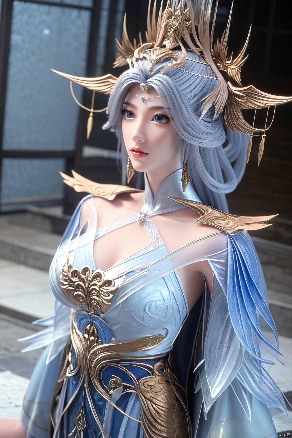 masterpiece,(best quality),official art,extremely detailed cg 8k wallpaper,(extremely delicate and beautiful),solo,realistic,photo_\(medium\),chinese clothes,blue dress,1girl,solo,blue eyes,earrings,mole,white hair,armor,crown,mole under eye,,Xningyudie,(big_breasts:1.39), Yunxiao_Fairy,X-Hydrangea, hanfu,(full moon,Hydrangea:1.29)