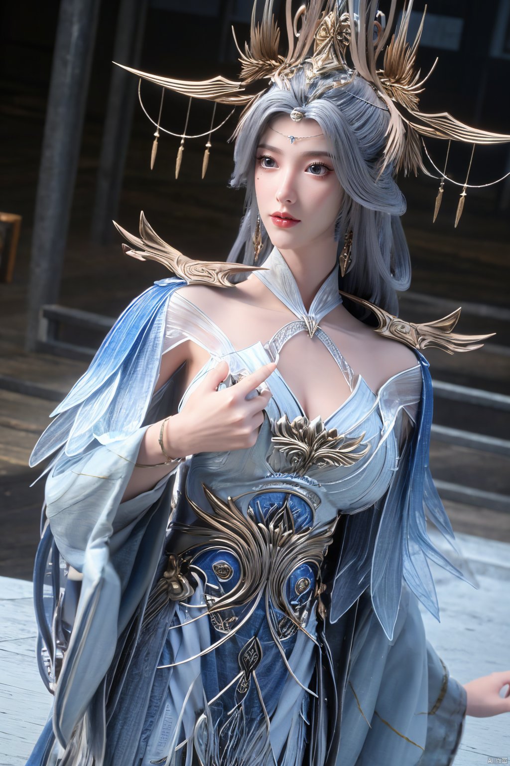 masterpiece,(best quality),official art,extremely detailed cg 8k wallpaper,(extremely delicate and beautiful),solo,realistic,photo_\(medium\),chinese clothes,blue dress,1girl,solo,blue eyes,earrings,mole,white hair,armor,crown,mole under eye,,Xningyudie,(big_breasts:1.39), Yunxiao_Fairy,X-Hydrangea, hanfu,