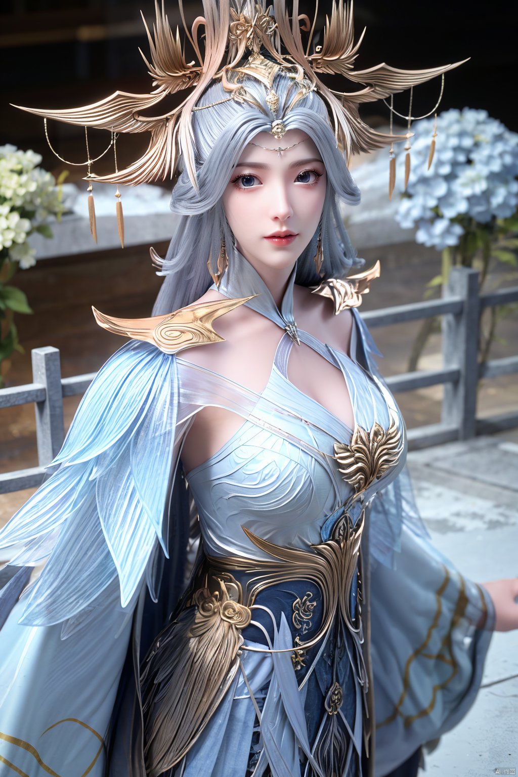 masterpiece,(best quality),official art,extremely detailed cg 8k wallpaper,(extremely delicate and beautiful),solo,realistic,photo_\(medium\),chinese clothes,blue dress,1girl,solo,blue eyes,earrings,mole,white hair,armor,crown,mole under eye,,Xningyudie,(big_breasts:1.39), Yunxiao_Fairy,X-Hydrangea, hanfu,(full moon,Hydrangea:1.29)