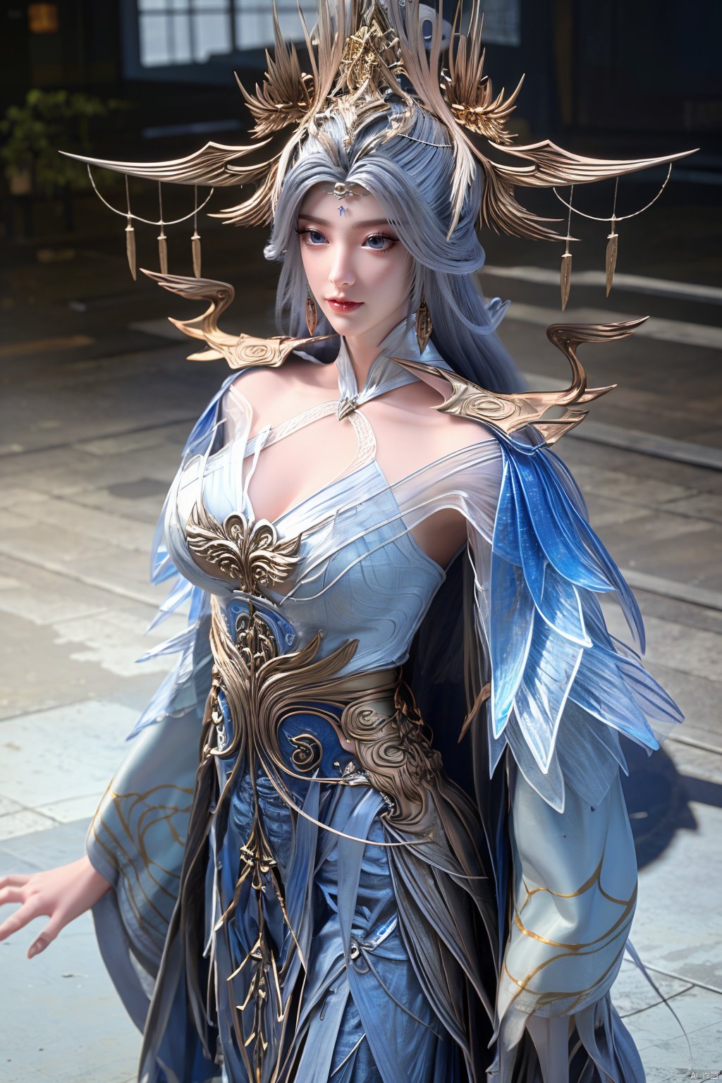 masterpiece,(best quality),official art,extremely detailed cg 8k wallpaper,(extremely delicate and beautiful),solo,realistic,photo_\(medium\),chinese clothes,blue dress,1girl,solo,blue eyes,earrings,mole,white hair,armor,crown,mole under eye,,Xningyudie,(big_breasts:1.39), Yunxiao_Fairy,X-Hydrangea, hanfu,