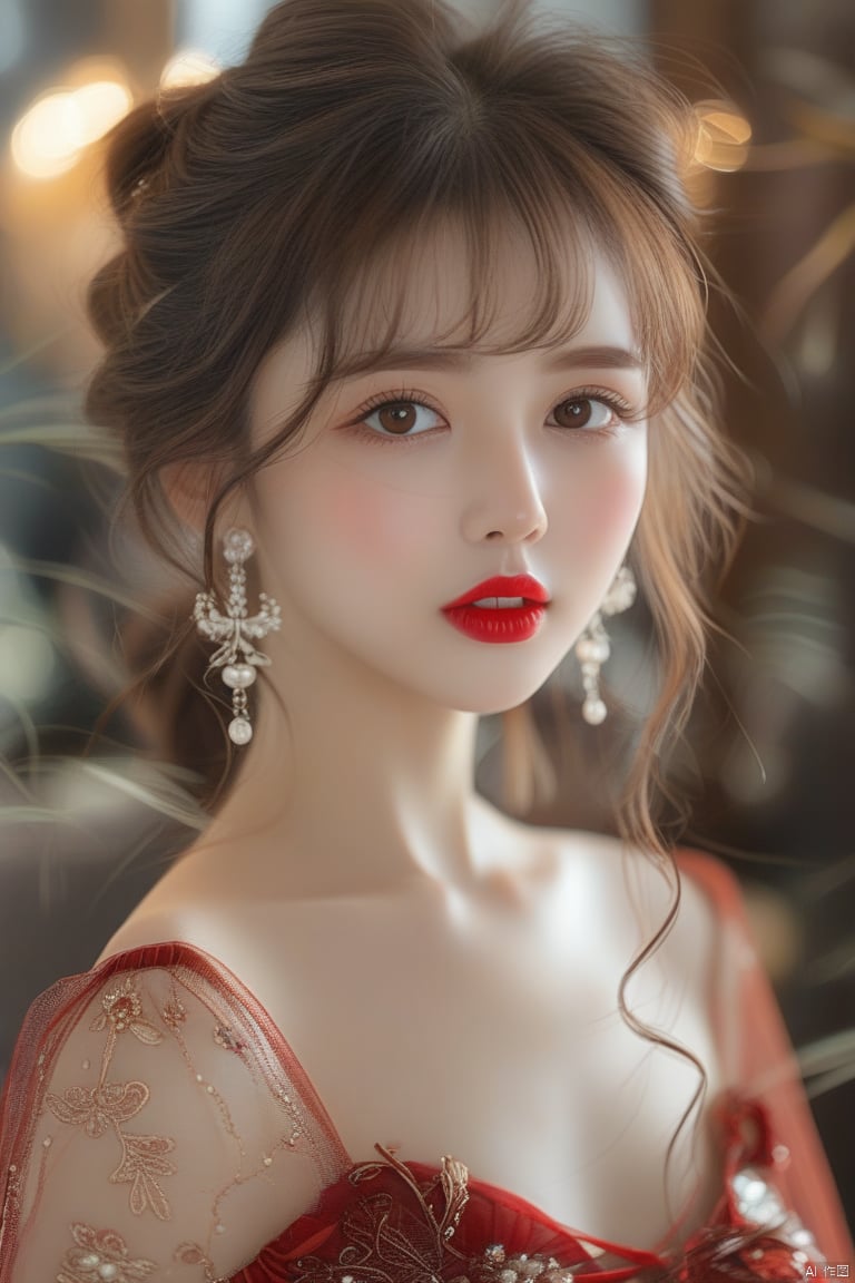 Anss

1girl

solo

looking at viewer

brown hair

hair ornament

dress

brown eyes

jewelry

upper body

earrings

blurry

lips

blurry background

realistic

red lips



