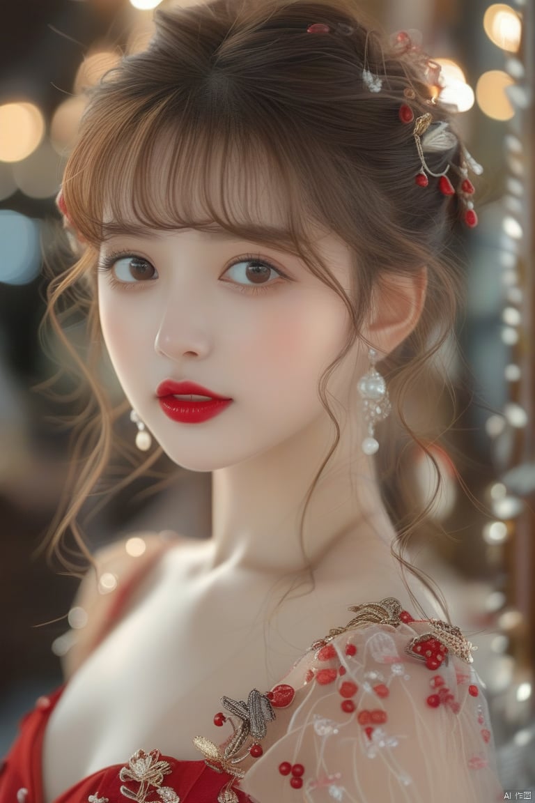 Anss

1girl

solo

looking at viewer

brown hair

hair ornament

dress

brown eyes

jewelry

upper body

earrings

blurry

lips

blurry background

realistic

red lips



