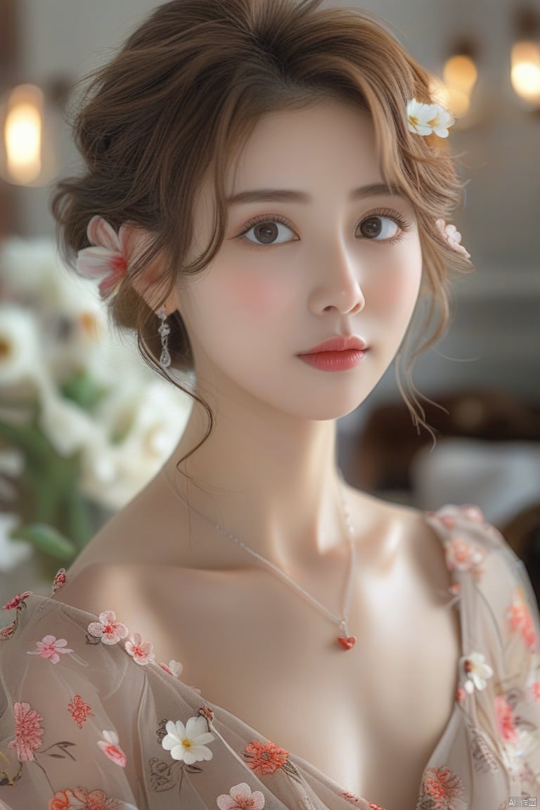 Anss

1girl

solo

looking at viewer

short hair

brown hair

dress

brown eyes

jewelry

collarbone

upper body

flower

earrings

indoors

necklace

blurry

lips

realistic