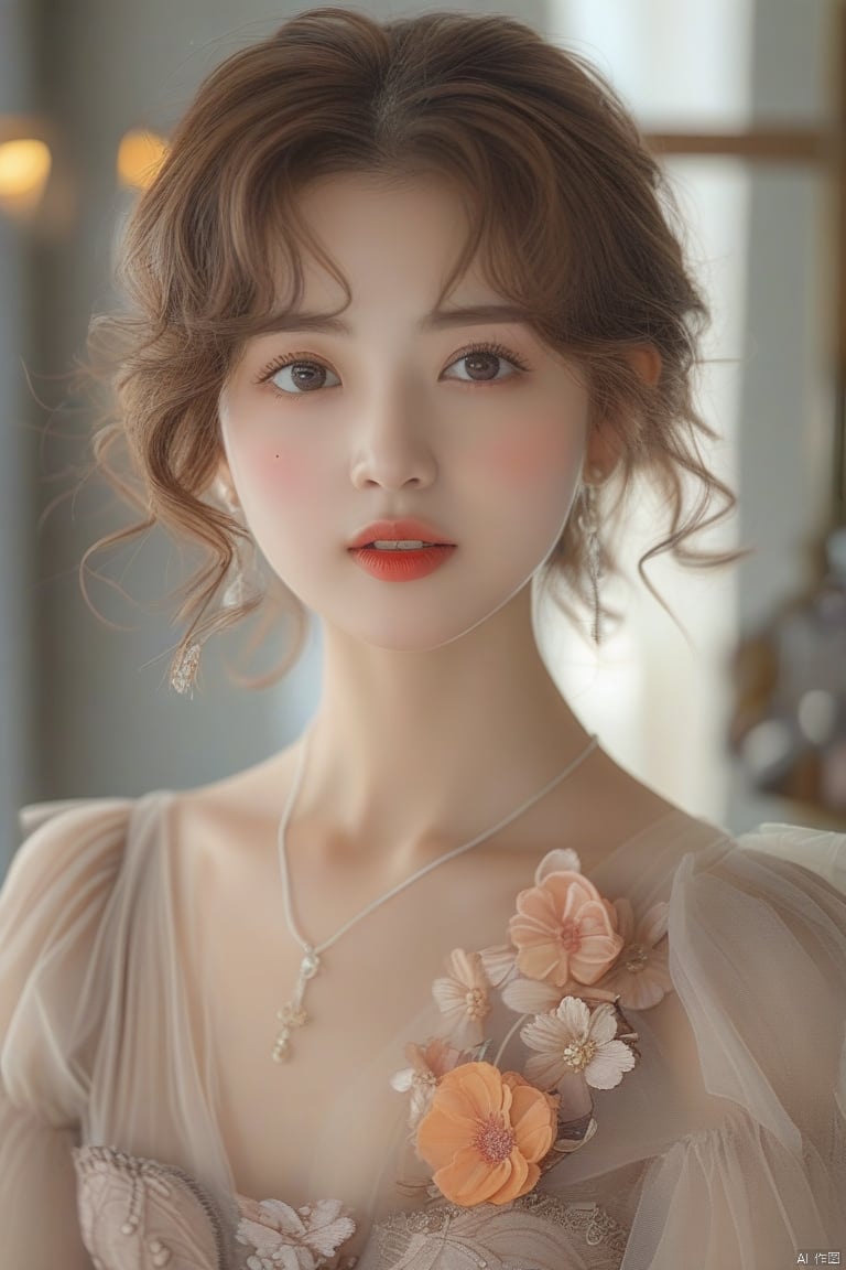 Anss

1girl

solo

looking at viewer

short hair

brown hair

dress

brown eyes

jewelry

collarbone

upper body

flower

earrings

indoors

necklace

blurry

lips

realistic