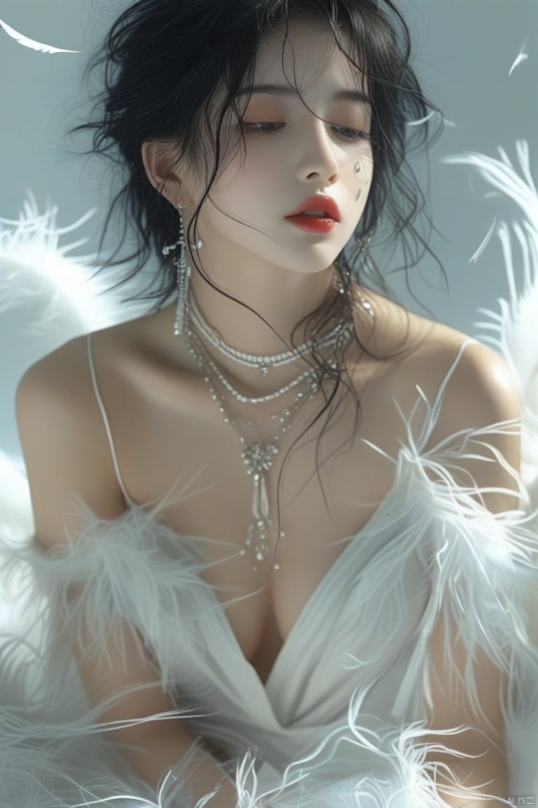 Anss

1girl

solo

breasts

looking at viewer

black hair

dress

bare shoulders

jewelry

sitting

collarbone

upper body

earrings

parted lips

necklace

lips

half-closed eyes

feathers

messy hair

realistic