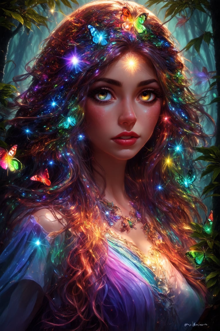 Realistic, ,an enchanting character with large, starry eyes and long, flowing hair in rainbow colors, adorned with glowing stars and butterflies. She is holding a small, glowing orb of light, her expression full of curiosity and wonder. The background features a fantastical forest with glowing plants and floating lights, creating an atmosphere of enchantment and mystery.