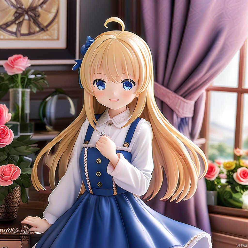 PVC手办风格,塑料小人风格(masterpiece), (best quality), illustration, ultra detailed, hdr, Depth of field, (colorful),loli,1girl, solo, long hair, flower, long sleeves, window, looking at viewer, jewelry, curtains, blue eyes, apron, blonde hair, rose, ring, ribbon, blue nails, closed mouth, dress, nail polish, hair between eyes, smile, index finger raised, petals, earrings, neck ribbon, shirt, blue dress, red flower, finger to mouth, black ribbon, curtain grab, red rose, frills