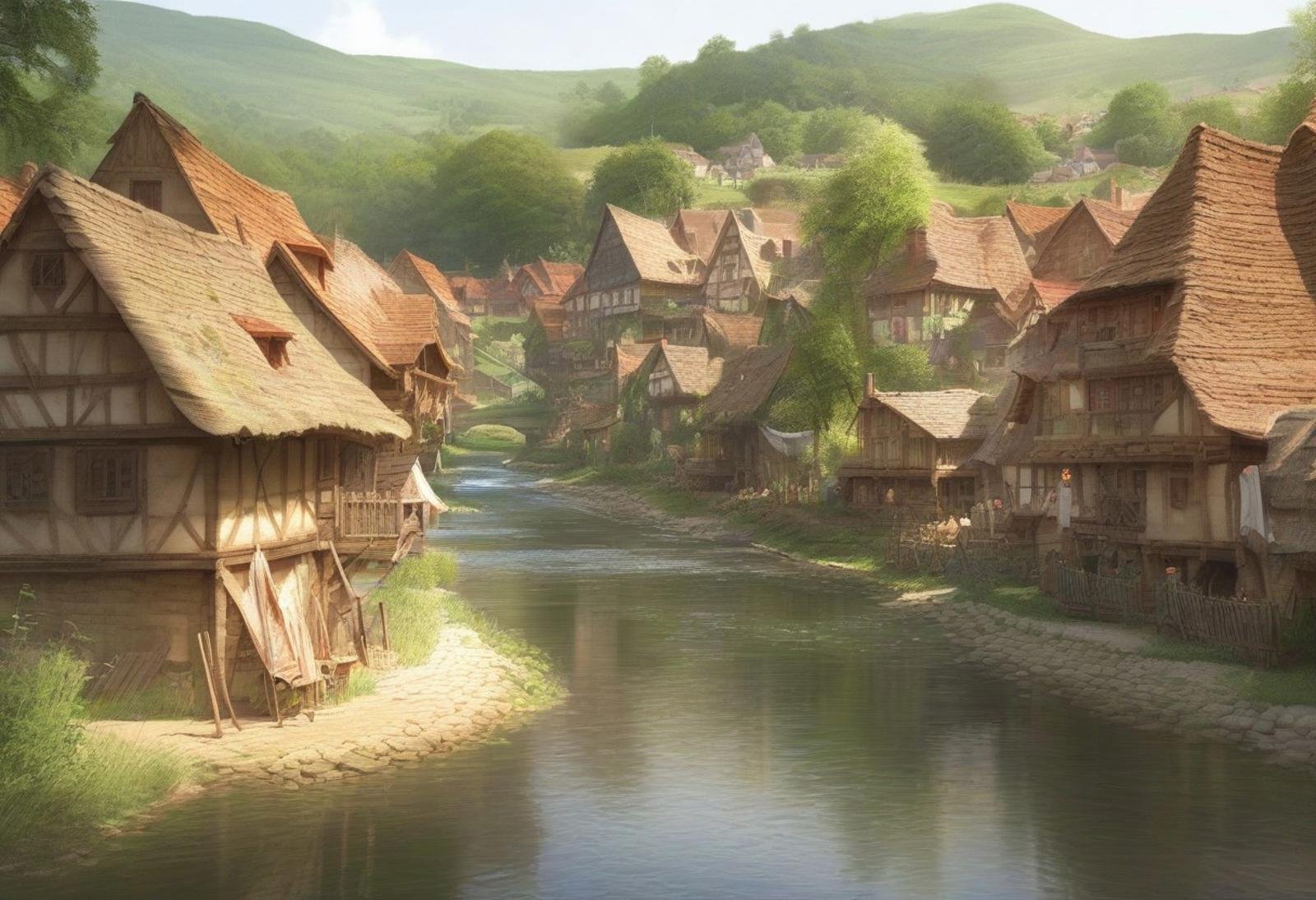 score_9, score_8_up, score_7_up, Fantasy_look illustration, summer, sunshine, fantasy, nature, scenery, river, village, buildings, outdoors, water, realistic,EasyNegativeV2