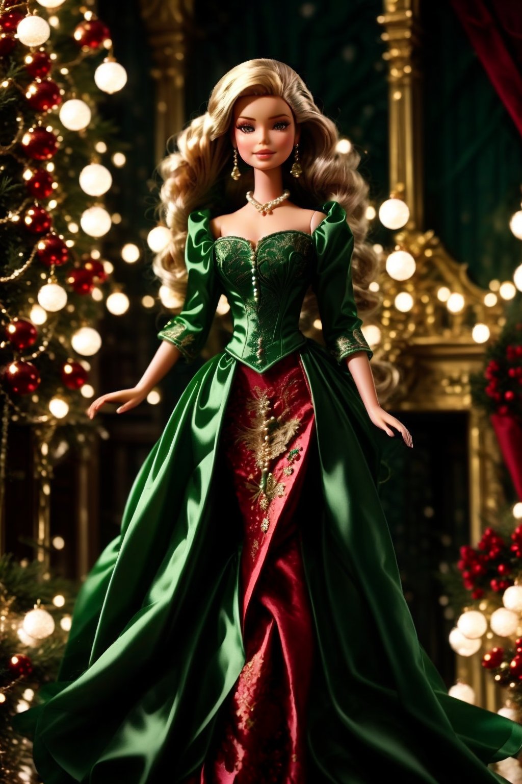 The image features a doll resembling a historical figure, dressed in period attire with a green dress and pearls. The background suggests an indoor setting with blurred lights, indicating a festive or celebratory occasion.

Barbie doll, fantasy detailers, dynamic poses, movement poses, intricate details, 