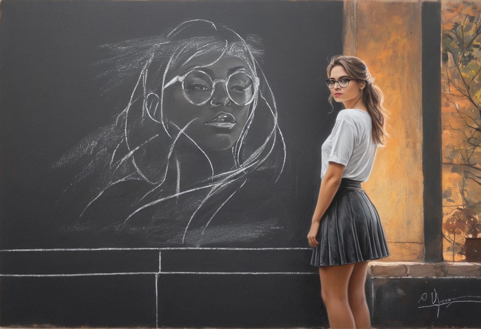 #pastel, #dry chalk drawing, #chalk on paper, #chalk shading, #chalk drawing, #tinted paper, #colored chalk drawing, #chalk shading, colorful, sketch, serene scene, (((#white chalk drawing))), tinted black paper, standing, contrapposto, woman, glasses, skirt, boots, t-shirt, bokeh (dark light), inspiration, art by Mora, Andre Kohn, Arthur Bordalo, Bob Ringwood, Benedict Bana