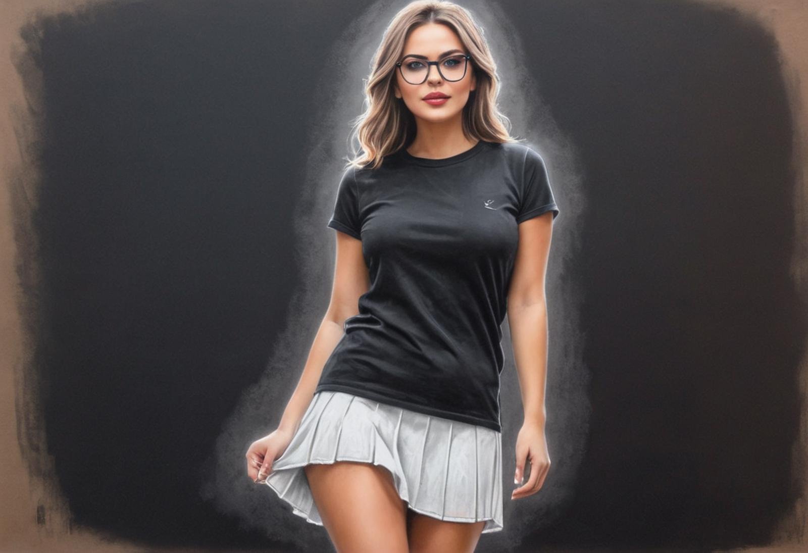 #pastel, #dry chalk drawing, #chalk on paper, #chalk shading, #chalk drawing, #tinted paper, #colored chalk drawing, #chalk shading, colorful, sketch, serene scene, (((#white chalk drawing))), tinted black paper, standing, contrapposto, woman, glasses, skirt, boots, t-shirt, bokeh (dark light), inspiration, art by Mora, Andre Kohn, Arthur Bordalo, Bob Ringwood, Benedict Bana