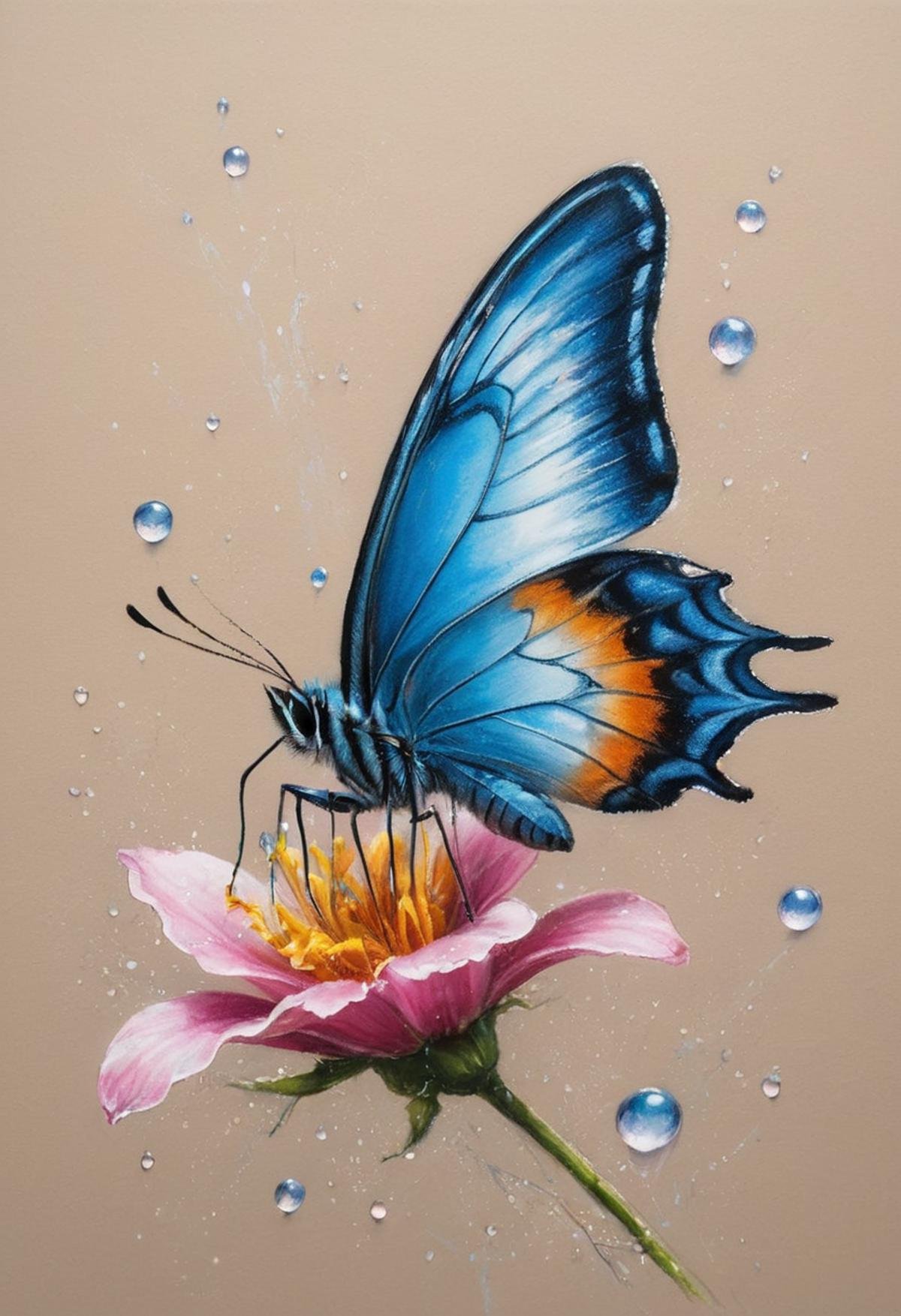 #pastel, #dry chalk drawing, #chalk on paper, #chalk shading, #chalk drawing, #tinted paper, #colored chalk drawing, #chalk shading, #high quality, high detail, 8K Ultra HD, water has made an elegant butterfly from water droplets, In this charming work of art, the very essence of water droplets is transformed into a firefly, each droplet gracefully decorates the wings of the firefly in flight, #chalk drawing, style of Bernie Wrightson