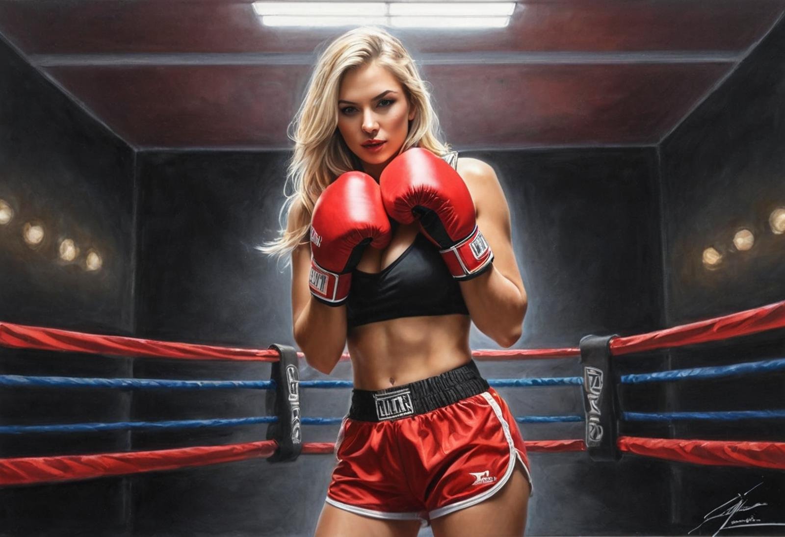 #pastel, #dry chalk drawing, #chalk on paper, #chalk shading, #chalk drawing, #tinted paper, #colored chalk drawing, #chalk shading, #boxing ring, ultra-detailed, one mature girl, female boxer, hot, solo, blonde hair, perfect face, eyes, blush, wide hips, #(boxing gloves: 1.5), boxing bra, red boxing shorts, unbuttoned boxing robe with hood, ((hood low over eyes)), looking at viewer and (walking down black hallway), sexy pose, (bottom view), left leg raised, #chalk drawing, art by Mark Simonetti