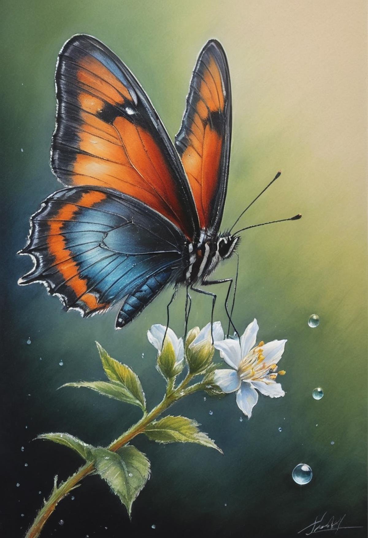 #pastel, #dry chalk drawing, #chalk on paper, #chalk shading, #chalk drawing, #tinted paper, #colored chalk drawing, #chalk shading, #high quality, high detail, 8K Ultra HD, water has made an elegant butterfly from water droplets, In this charming work of art, the very essence of water droplets is transformed into a firefly, each droplet gracefully decorates the wings of the firefly in flight, #chalk drawing, style of Bernie Wrightson