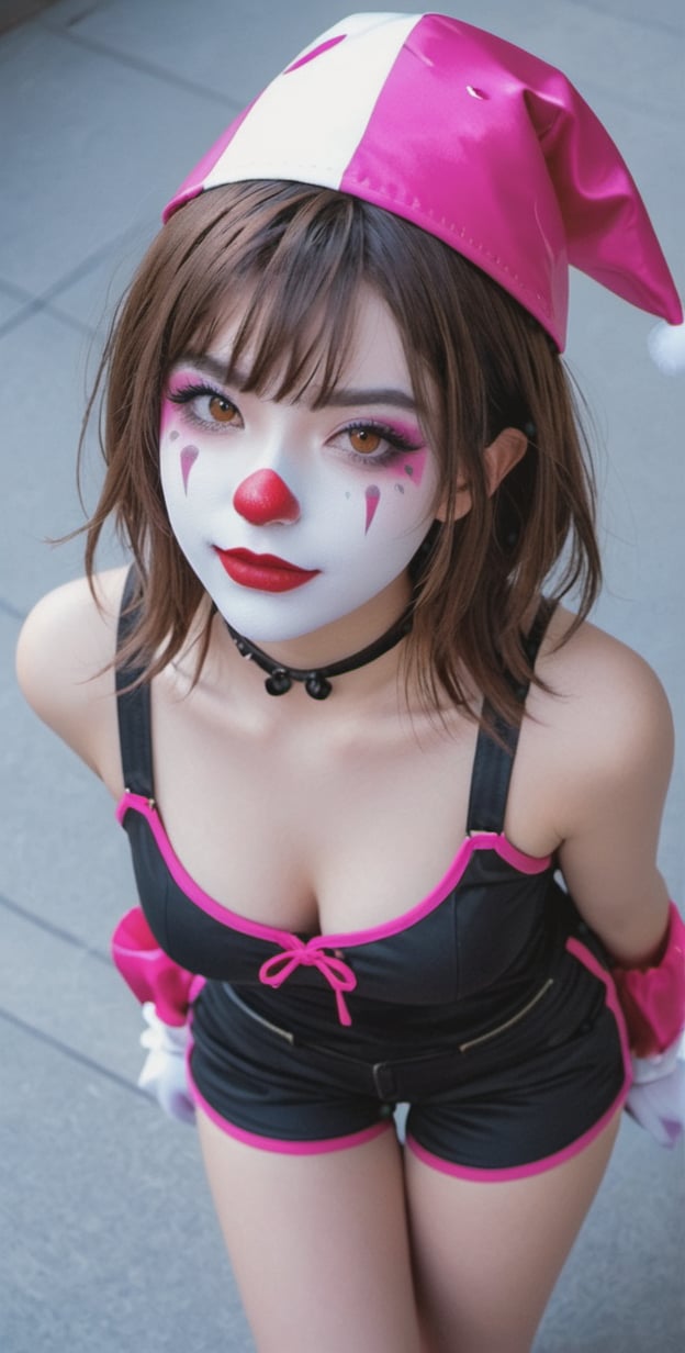 1girl, solo, (((brown hair, gloves, hat, brown eyes, shorts, cosplay, facepaint, jester cap, clown, d.va \(overwatch\)))