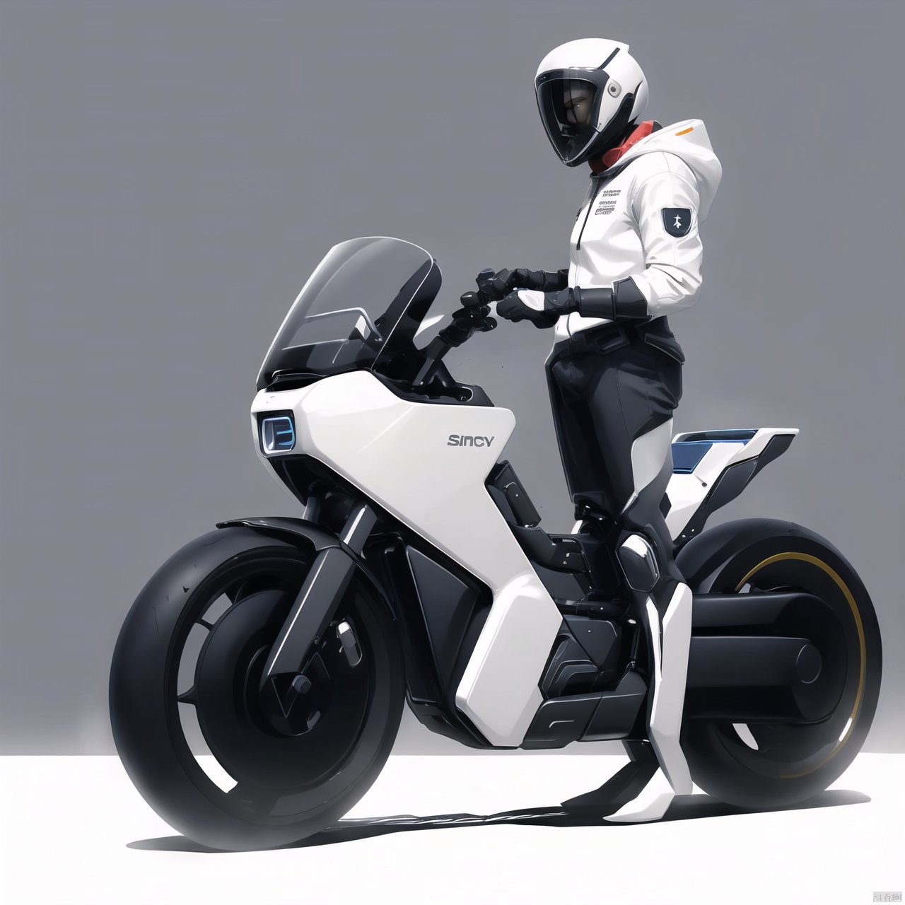 1girl, solo, short hair, simple background, black hair, gloves, white background, standing, full body, hood, sketch, helmet, ground vehicle, motor vehicle, hood up, science fiction, knee pads, motorcycle, product design,product render,cardesign