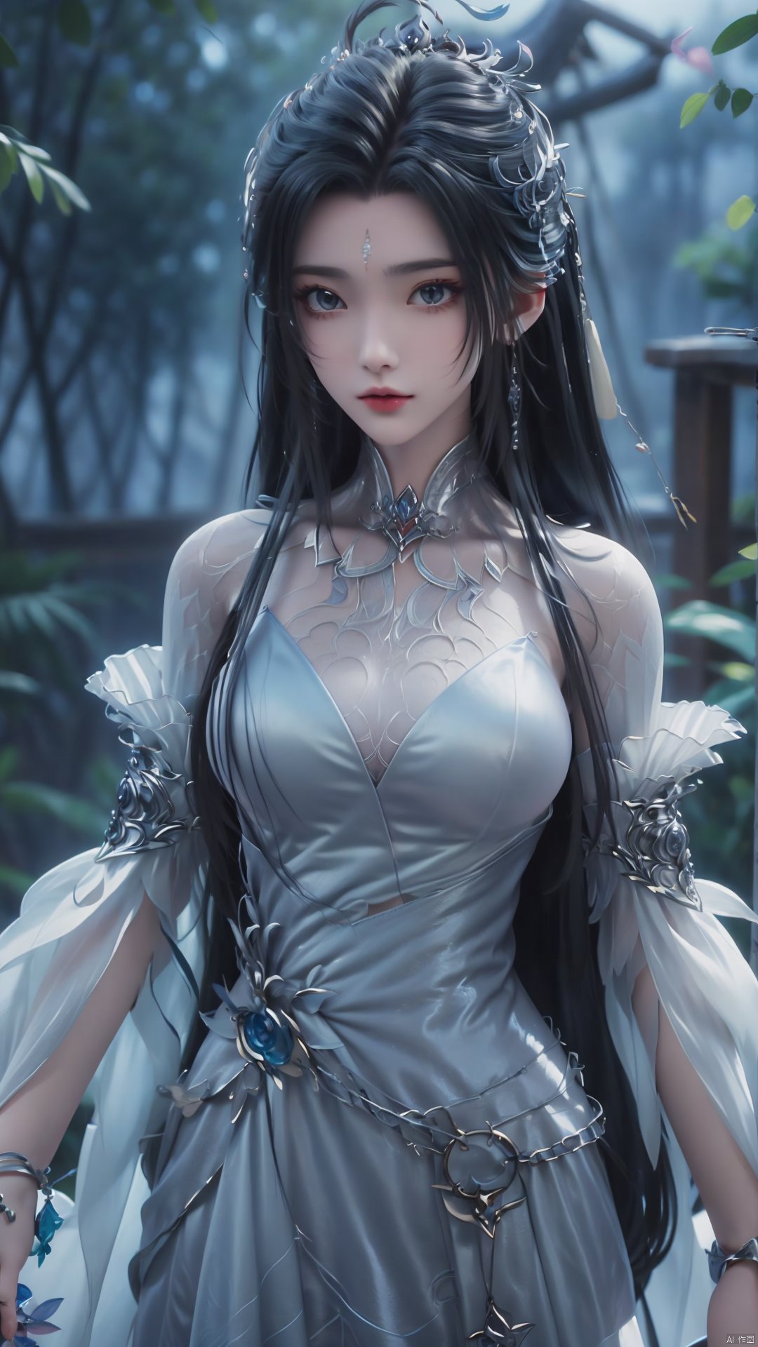 1girl, long hair, facial mark, forehead mark, white dress, solo, dress, black hair, jewelry, earrings, hair bun, hair ornament, mischevious smile, perfect body, scenery, sharp focus, best quality, masterpiece, detailed outfit, illustration, perfect eyes, finely detailed beautiful anime eyes, realistic skin, intricate details, best lighting, depth of field, ultra high resolution,cowboy_shot, dynamic pose, dynamic angle,