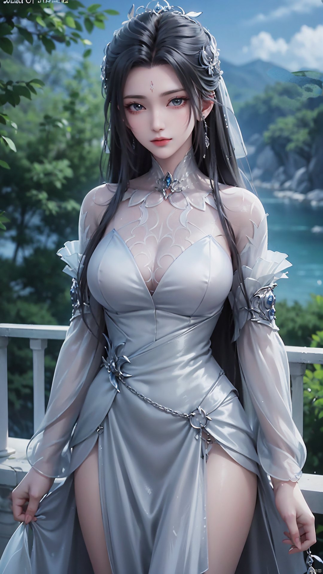 1girl, long hair, facial mark, forehead mark, white dress, solo, dress, black hair, jewelry, earrings, hair bun, hair ornament, mischevious smile, perfect body, scenery, sharp focus, best quality, masterpiece, detailed outfit, illustration, perfect eyes, finely detailed beautiful anime eyes, realistic skin, intricate details, best lighting, depth of field, ultra high resolution,cowboy_shot, dynamic pose, dynamic angle,