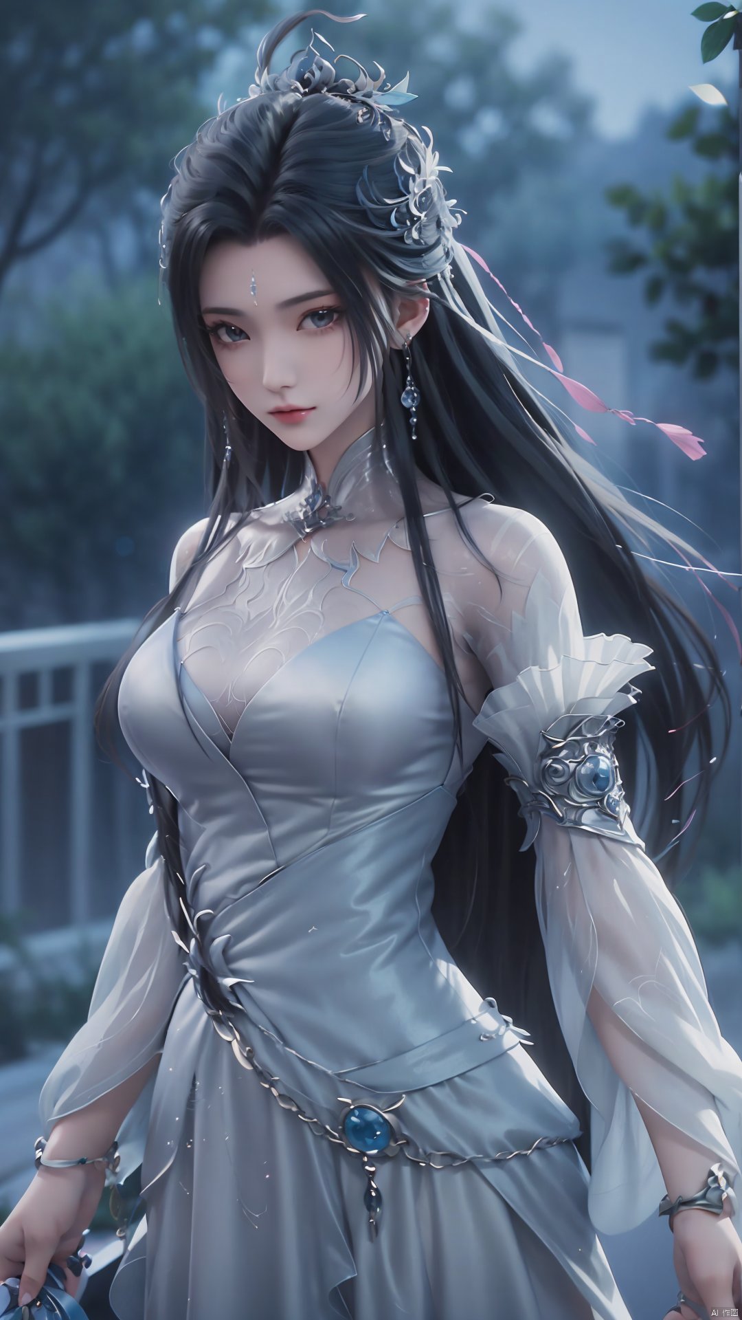 1girl, long hair, facial mark, forehead mark, white dress, solo, dress, black hair, jewelry, earrings, hair bun, hair ornament, mischevious smile, perfect body, scenery, sharp focus, best quality, masterpiece, detailed outfit, illustration, perfect eyes, finely detailed beautiful anime eyes, realistic skin, intricate details, best lighting, depth of field, ultra high resolution,cowboy_shot, dynamic pose, dynamic angle,