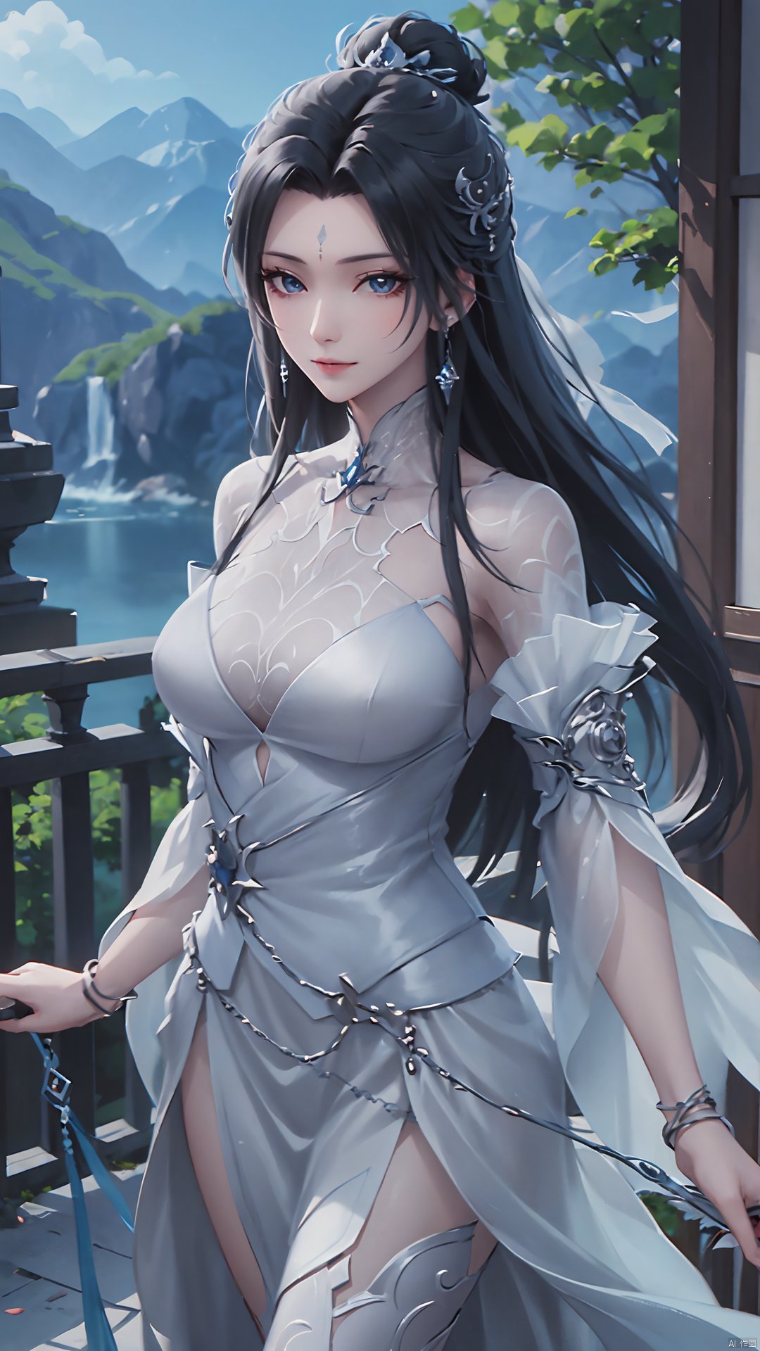 1girl, long hair, facial mark, forehead mark, white dress, solo, dress, black hair, jewelry, earrings, hair bun, hair ornament, mischevious smile, perfect body, scenery, sharp focus, best quality, masterpiece, detailed outfit, illustration, perfect eyes, finely detailed beautiful anime eyes, realistic skin, intricate details, best lighting, depth of field, ultra high resolution,cowboy_shot, dynamic pose, dynamic angle,