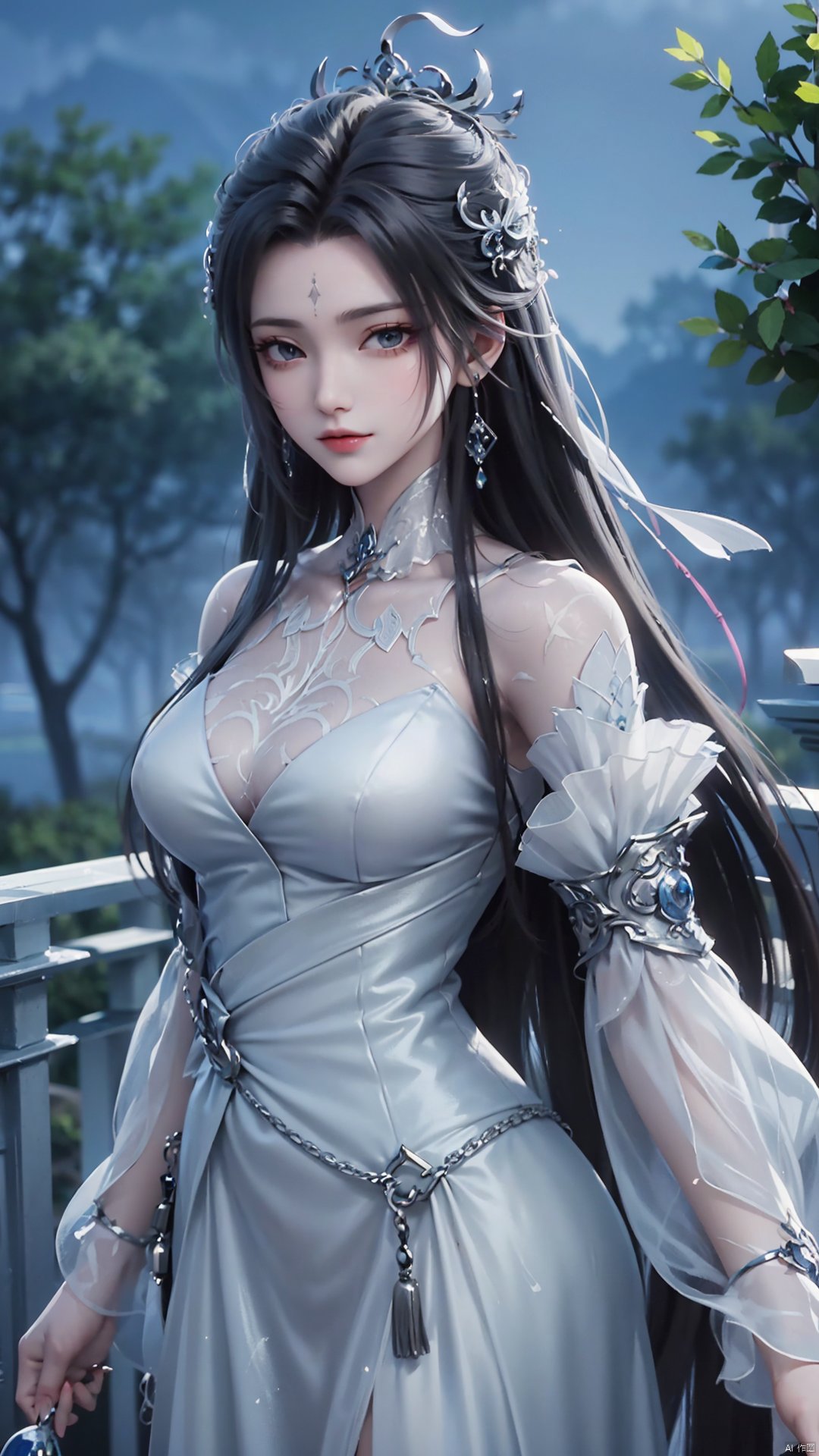 1girl, long hair, facial mark, forehead mark, white dress, solo, dress, black hair, jewelry, earrings, hair bun, hair ornament, mischevious smile, perfect body, scenery, sharp focus, best quality, masterpiece, detailed outfit, illustration, perfect eyes, finely detailed beautiful anime eyes, realistic skin, intricate details, best lighting, depth of field, ultra high resolution,cowboy_shot, dynamic pose, dynamic angle,