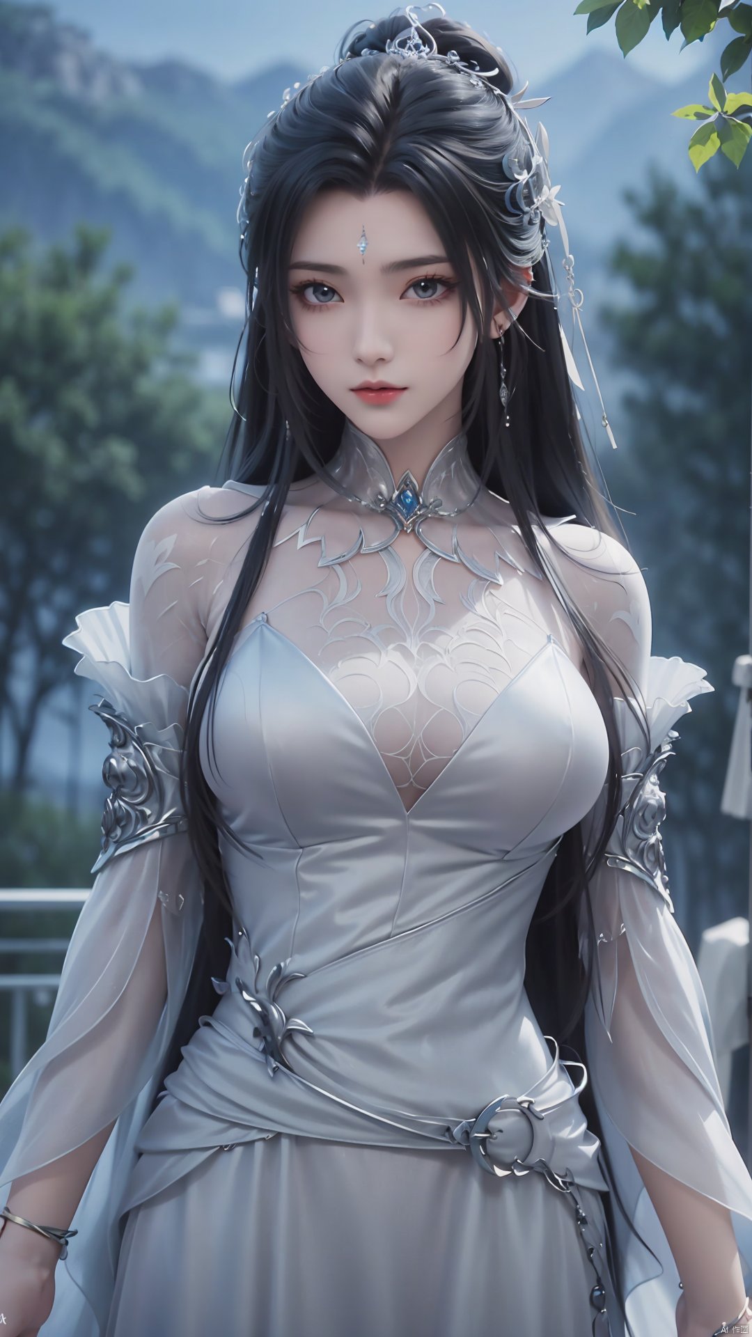 1girl, long hair, facial mark, forehead mark, white dress, solo, dress, black hair, jewelry, earrings, hair bun, hair ornament, mischevious smile, perfect body, scenery, sharp focus, best quality, masterpiece, detailed outfit, illustration, perfect eyes, finely detailed beautiful anime eyes, realistic skin, intricate details, best lighting, depth of field, ultra high resolution,cowboy_shot, dynamic pose, dynamic angle,